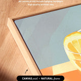 a wooden surface with a framed artwork depicting a vibrant abstract design. The artwork is wrapped around the sides of the canvas, and the canvas prints include hanging hardware. The artwork is described as having high quality archival inks.