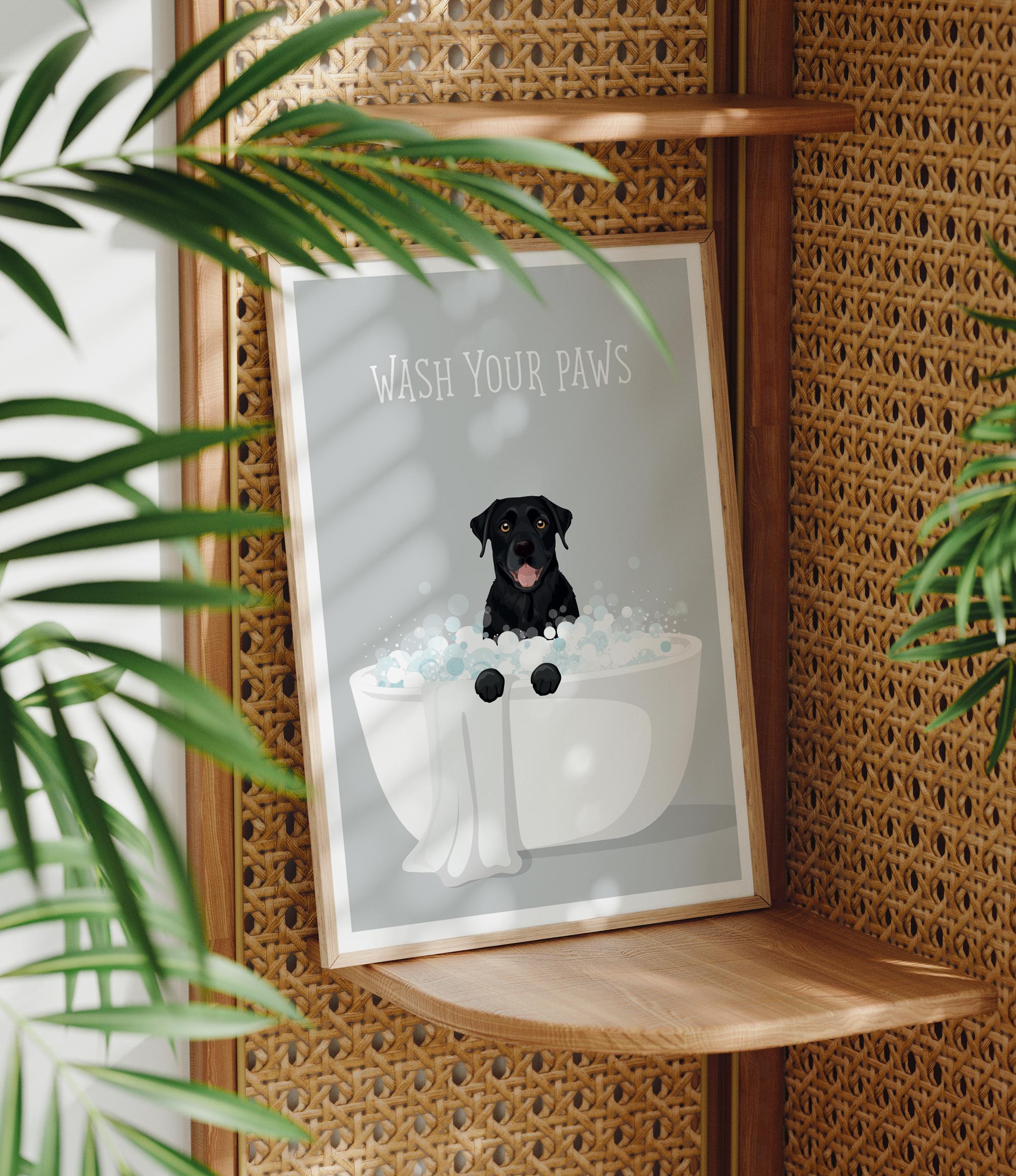 A framed poster with a black dog sitting in a bathtub filled with bubbles, surrounded by green leaves.