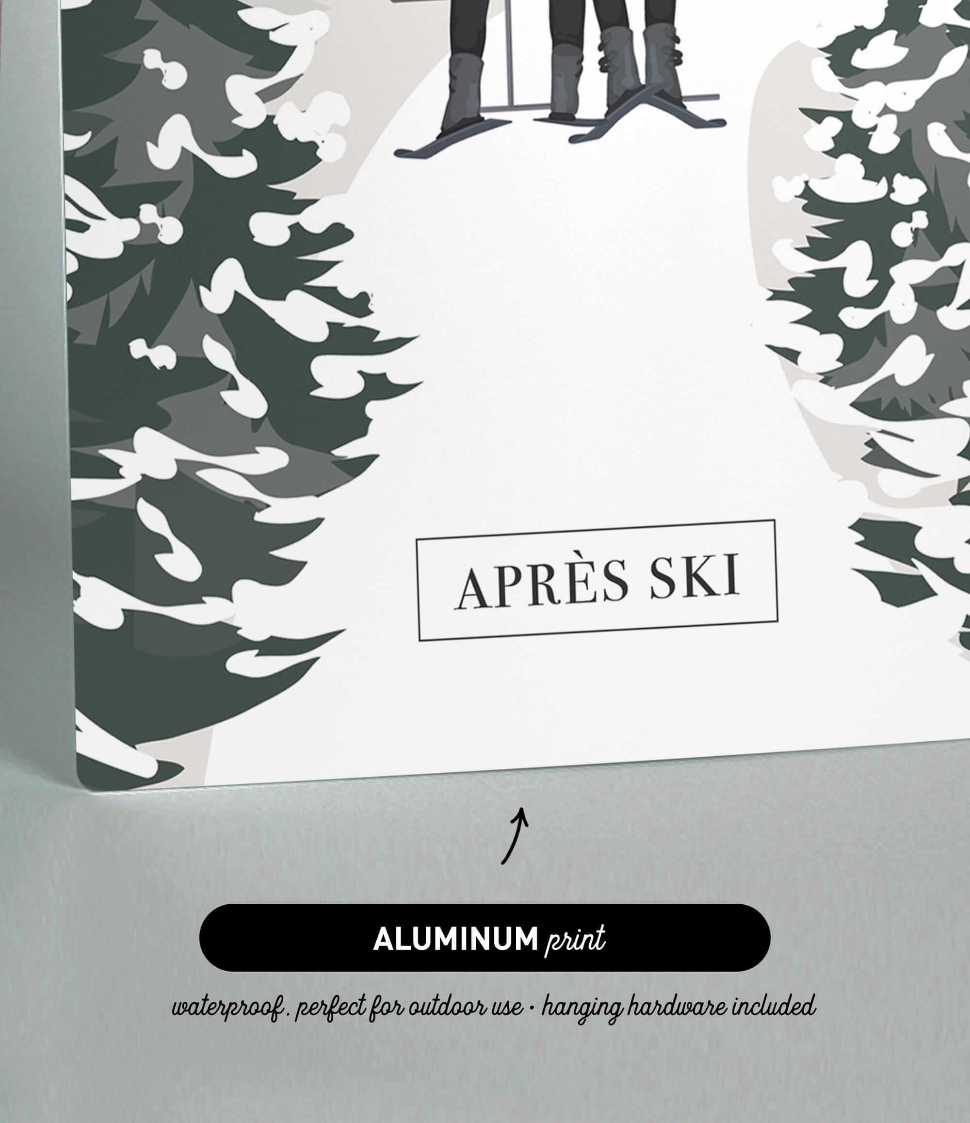 The image is a collage of various images, including a pair of skiers, a snow-covered forest, and a pair of skis. The text "APRES SKI" is displayed prominently in the center, and the phrase "ALUMINUM print" is written below the image.