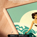a woman in a bikini, with a seascape background, and the text "Artwork wraps around the sides of canvas All canvas prints include hanging hardware High quality archival inks" and "CANVAS print + NATURAL frame"