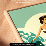 a woman in a bikini, with a seascape background, and the text "Artwork wraps around the sides of canvas All canvas prints include hanging hardware High quality archival inks" and "CANVAS print + NATURAL frame"