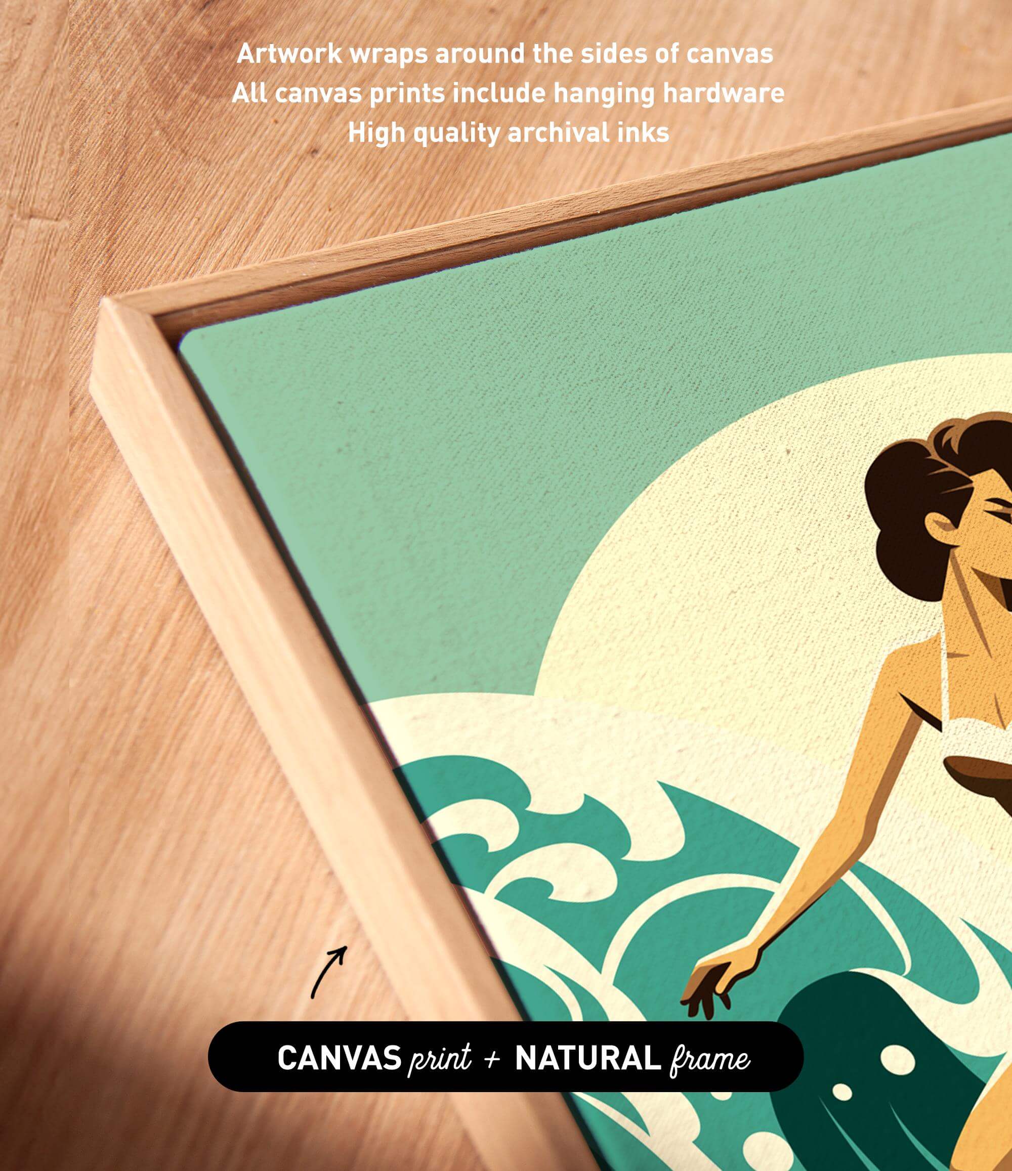 a woman in a bikini, with a seascape background, and the text "Artwork wraps around the sides of canvas All canvas prints include hanging hardware High quality archival inks" and "CANVAS print + NATURAL frame"