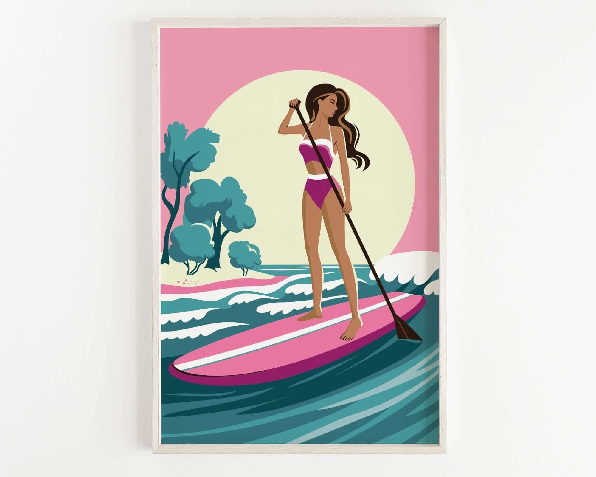 A woman in a pink and white swimsuit is paddleboarding on a pink surfboard, with a sunset and trees in the background.