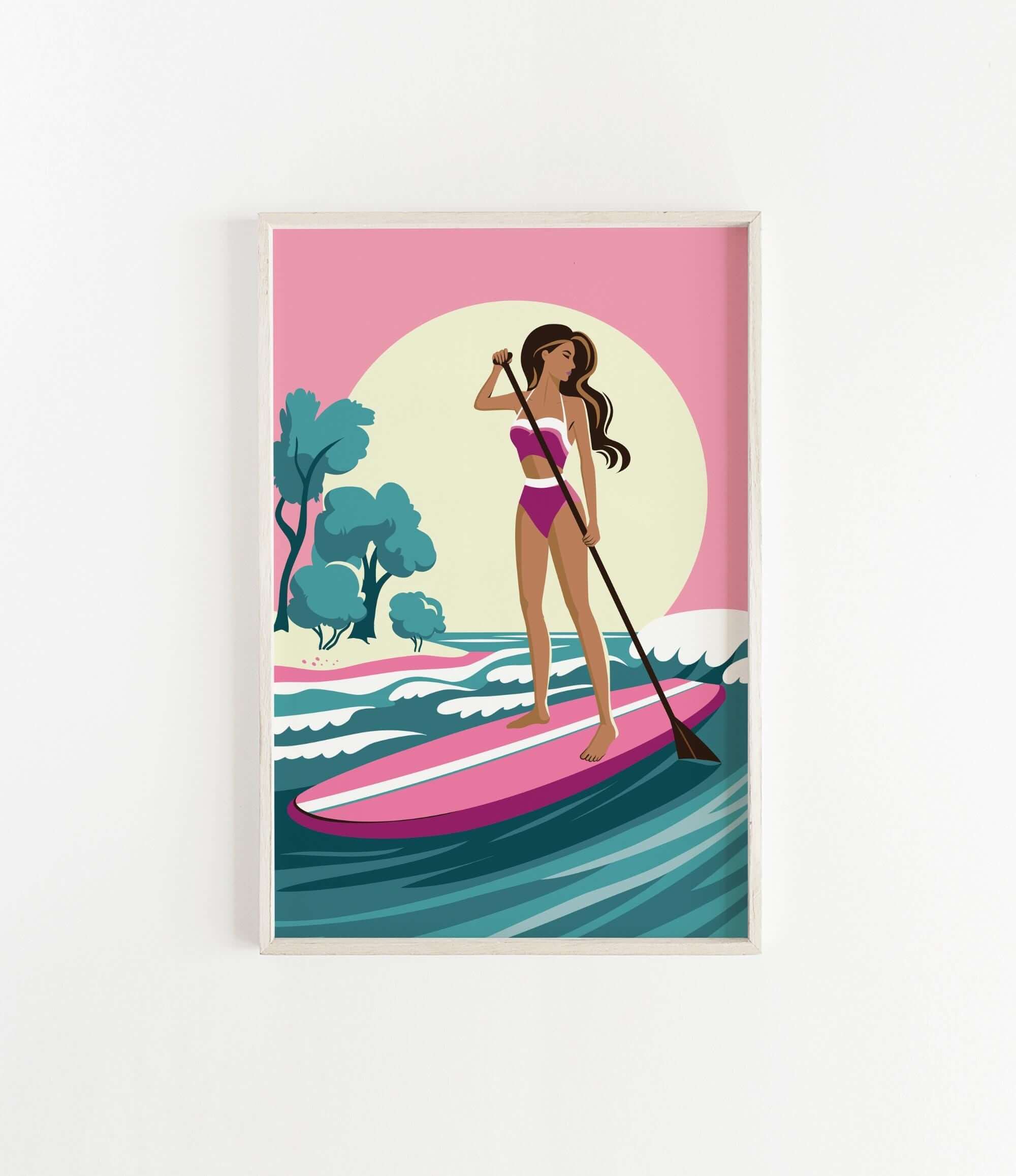 A woman in a pink and white swimsuit is paddleboarding on a pink surfboard, with a sunset and trees in the background.