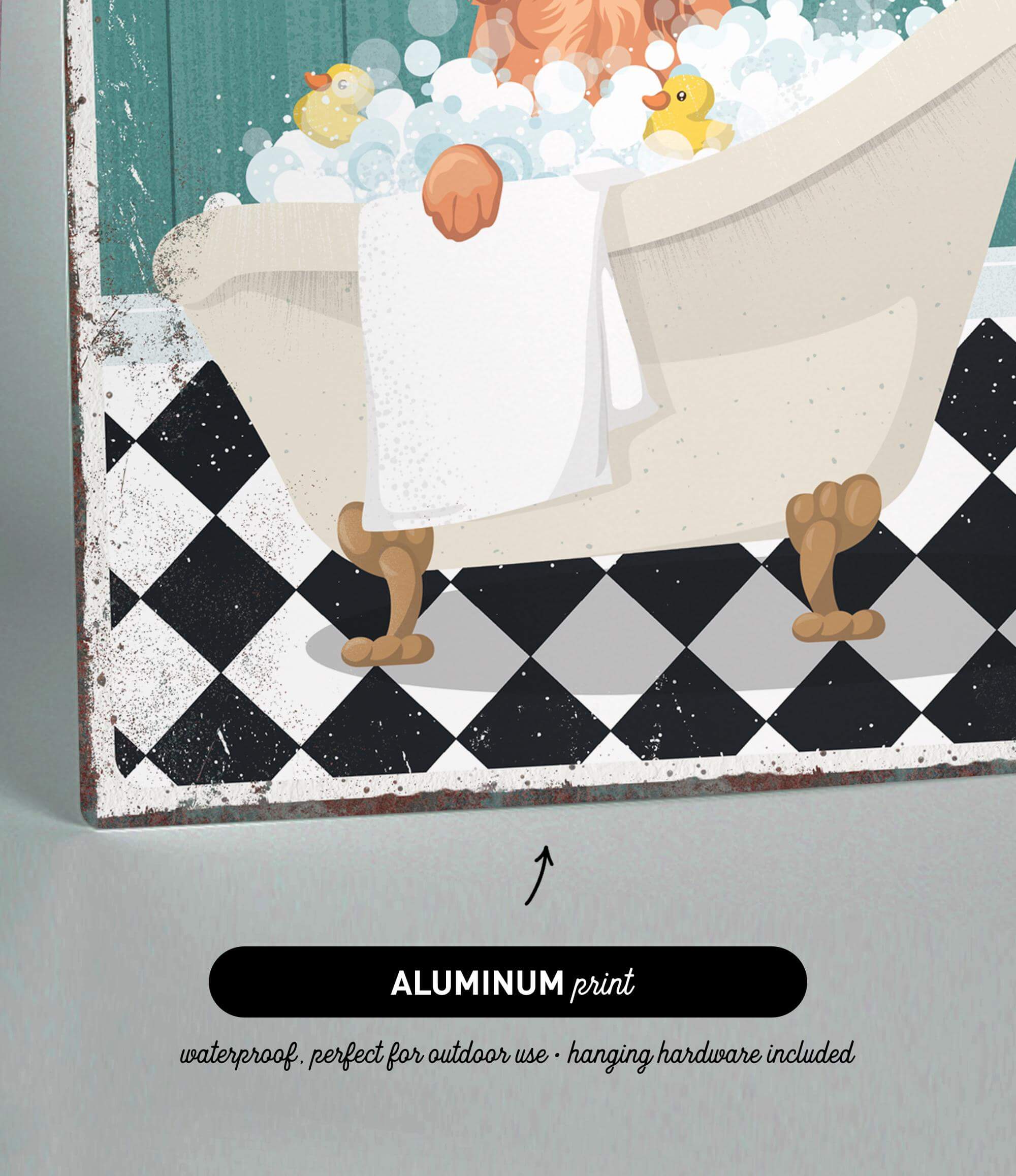 The image is an illustration of a bathtub filled with bubbles, featuring a rubber duck and a towel.