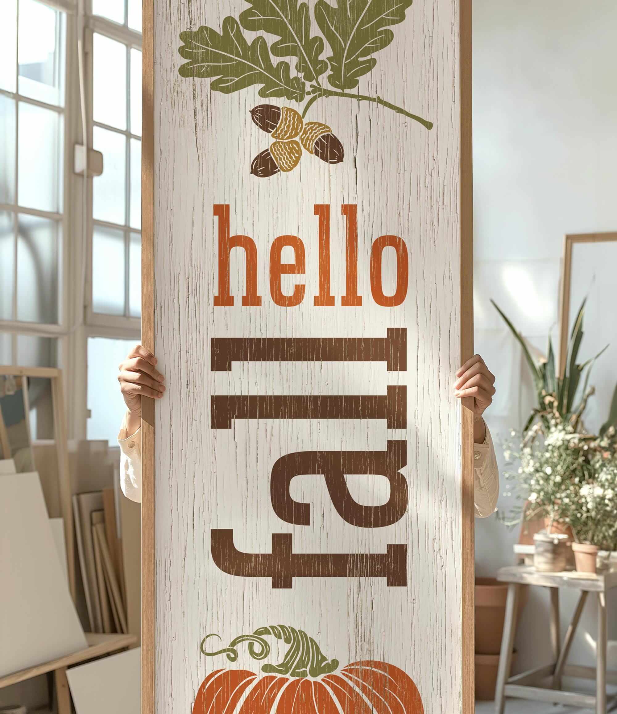 a person holding up a sign with a picture of a pumpkin