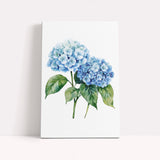A watercolor painting of two blue hydrangea flowers with green leaves.