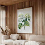 a cozy living room with a large framed print of a green hydrangea flower hanging on the wall. The room features a white sofa, a coffee table, and a potted plant, creating a warm and inviting atmosphere.