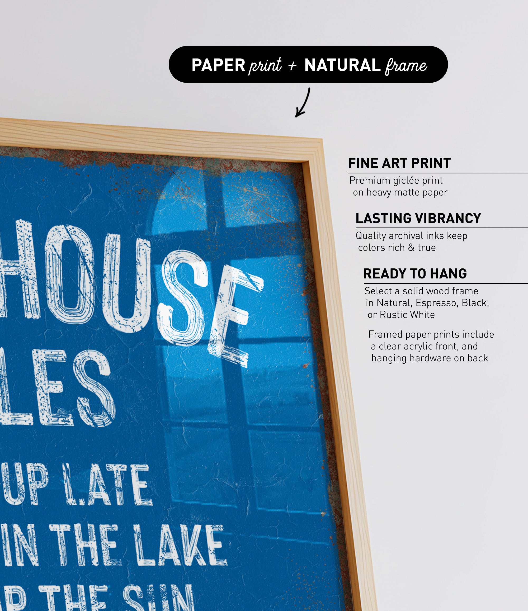 The image is a poster with a blue background and white text. The text is "HOUSE IN THE LAKE" and "UP LATE IN THE LAKE".