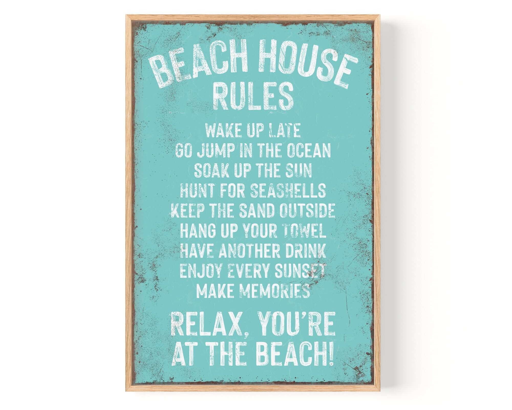 The Beach House Rules Sign, Rusted Edge, Aqua features a distressed aqua design with "Beach House Rules" and playful activities in white—ideal wall decor for any coastal retreat.
