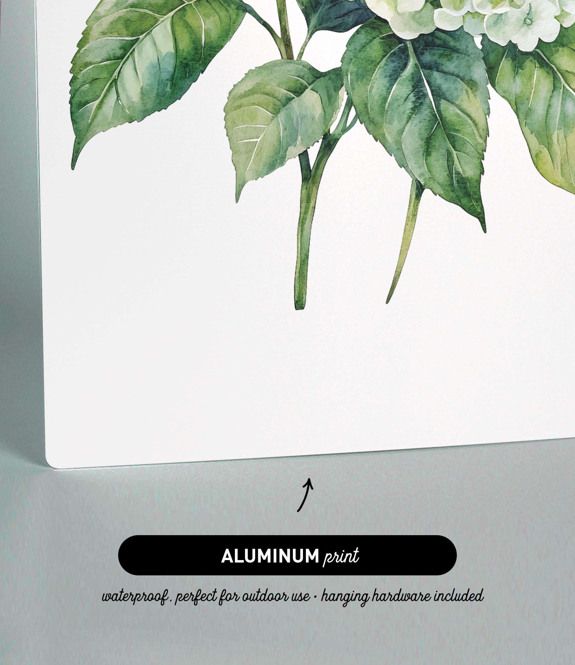 The image is an aluminum print featuring a watercolor painting of a hydrangea plant with green leaves.