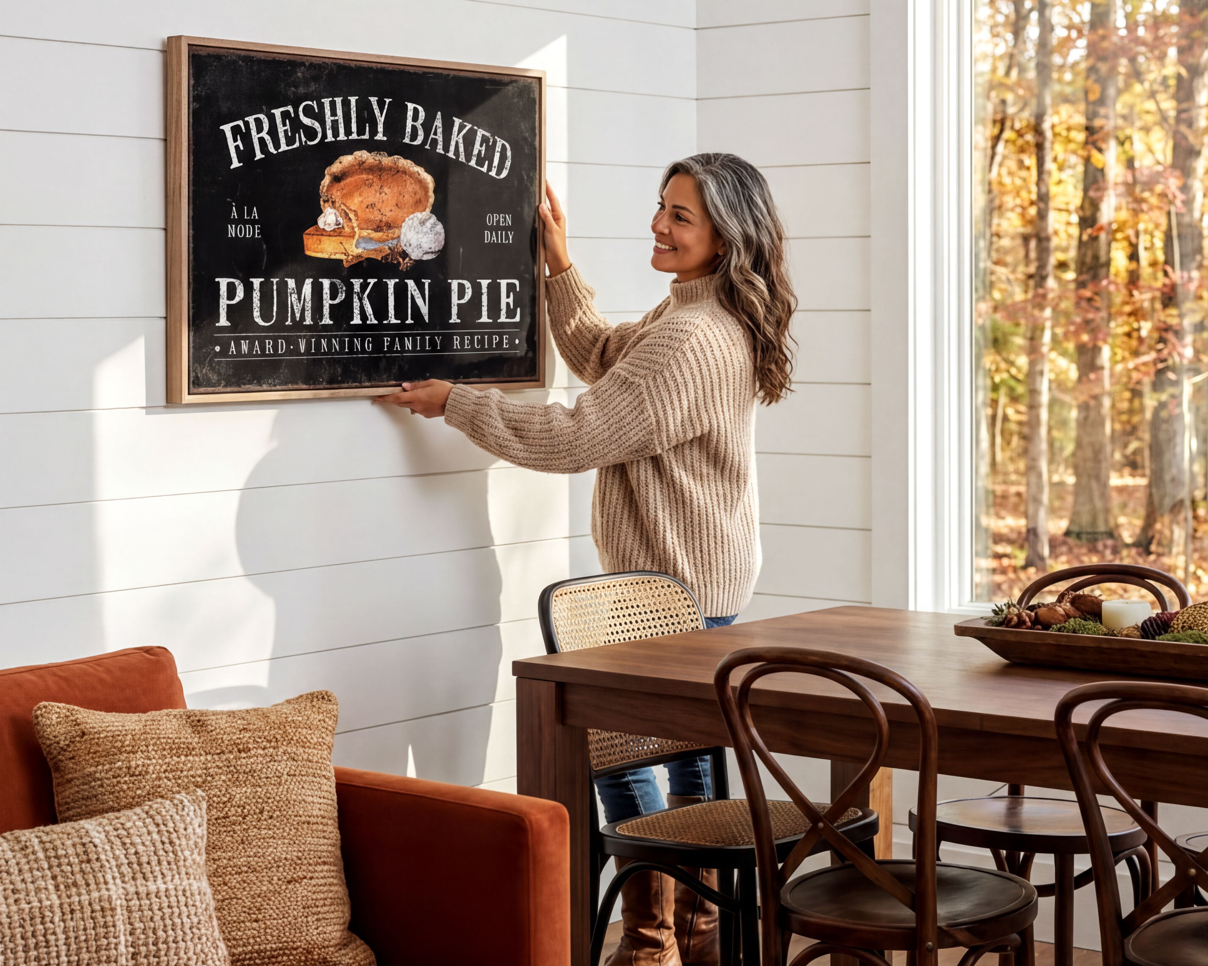 A woman hangs a framed sign on a white wall in a cozy living room, with a wooden dining table and chairs nearby.