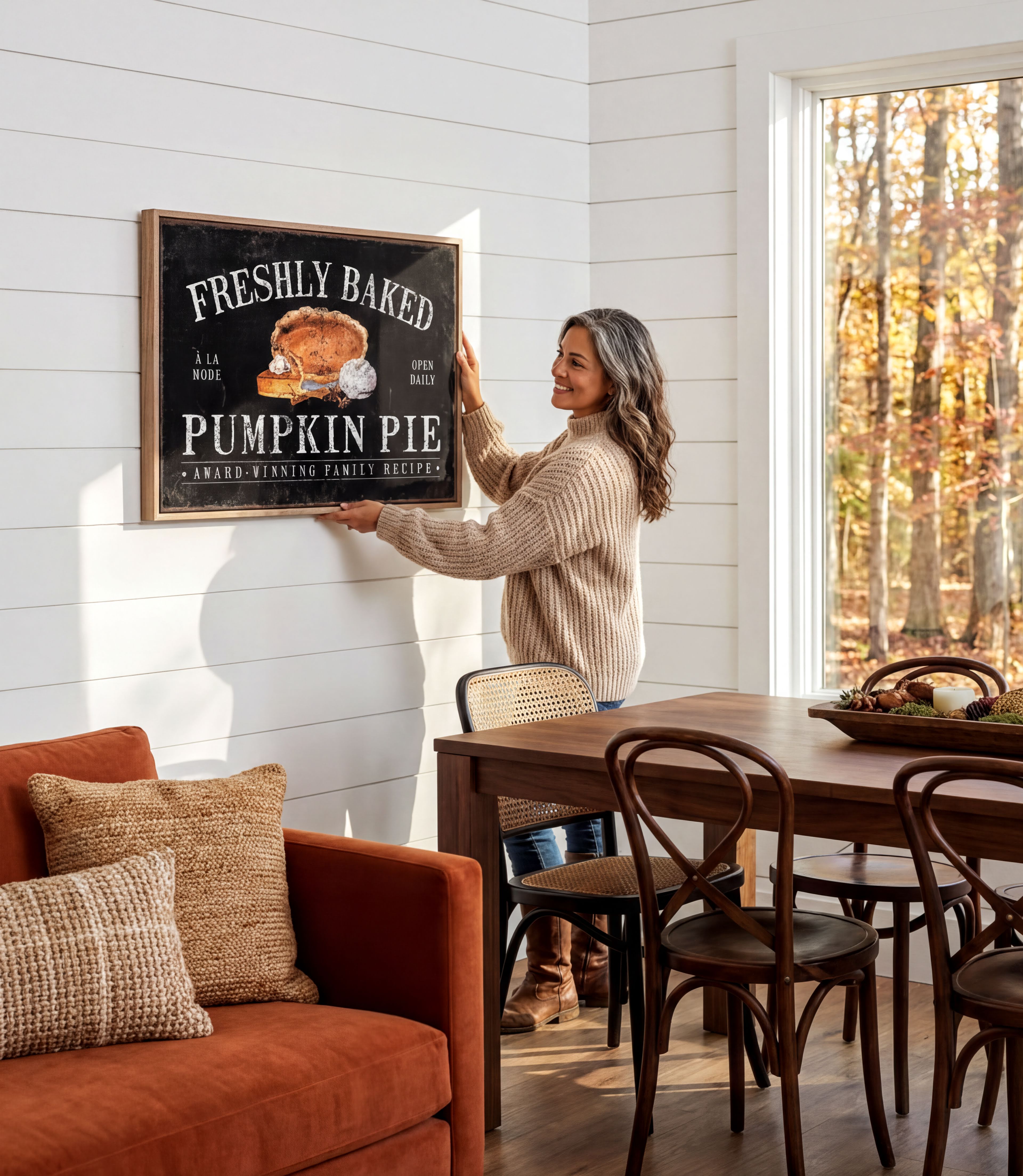 A woman hangs a framed sign on a white wall in a cozy living room, with a wooden dining table and chairs nearby.