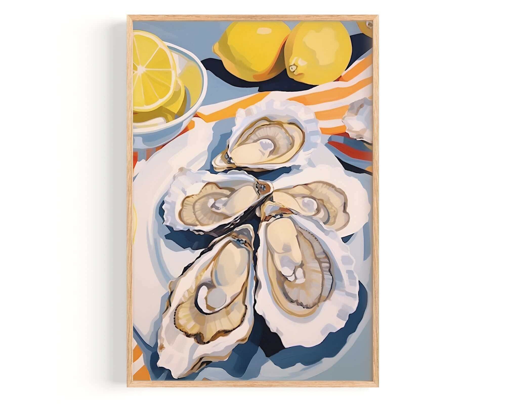 A framed painting depicting a close-up view of several oysters on a plate, with a lemon slice and two lemons in the background.