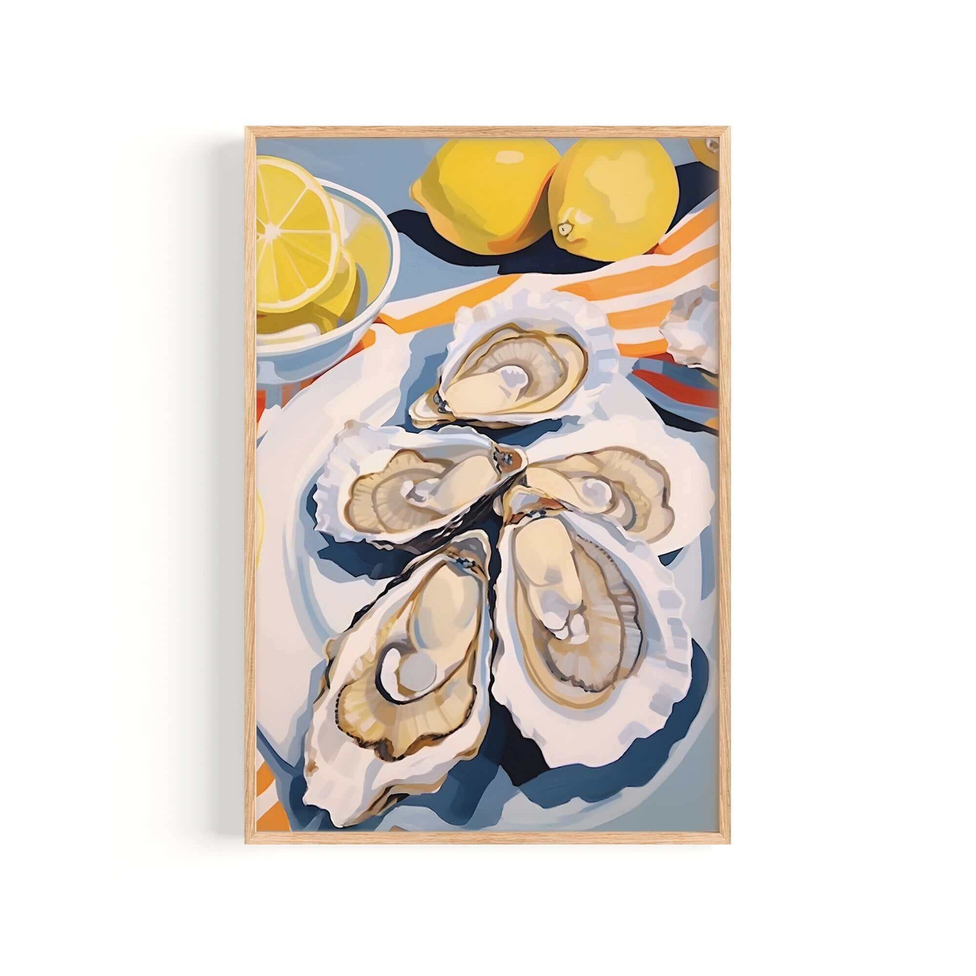 A framed painting depicting a close-up view of several oysters on a plate, with a lemon slice and two lemons in the background.