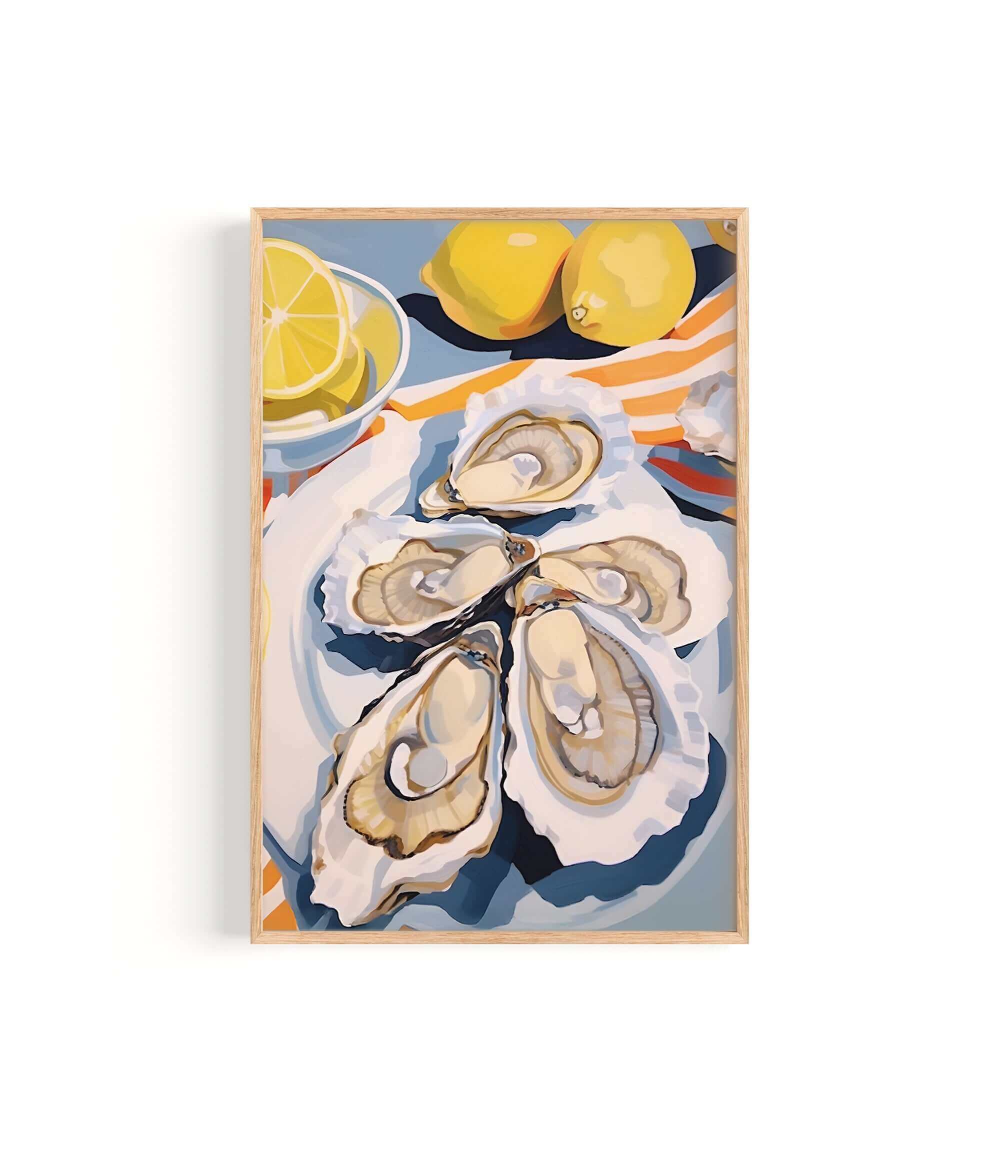 A framed painting depicting a close-up view of several oysters on a plate, with a lemon slice and two lemons in the background.