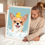 A woman is sitting on a bed holding a framed picture of a dog with a yellow rubber duck on its head.