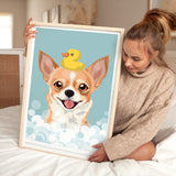 A woman is sitting on a bed holding a framed picture of a dog with a yellow rubber duck on its head.