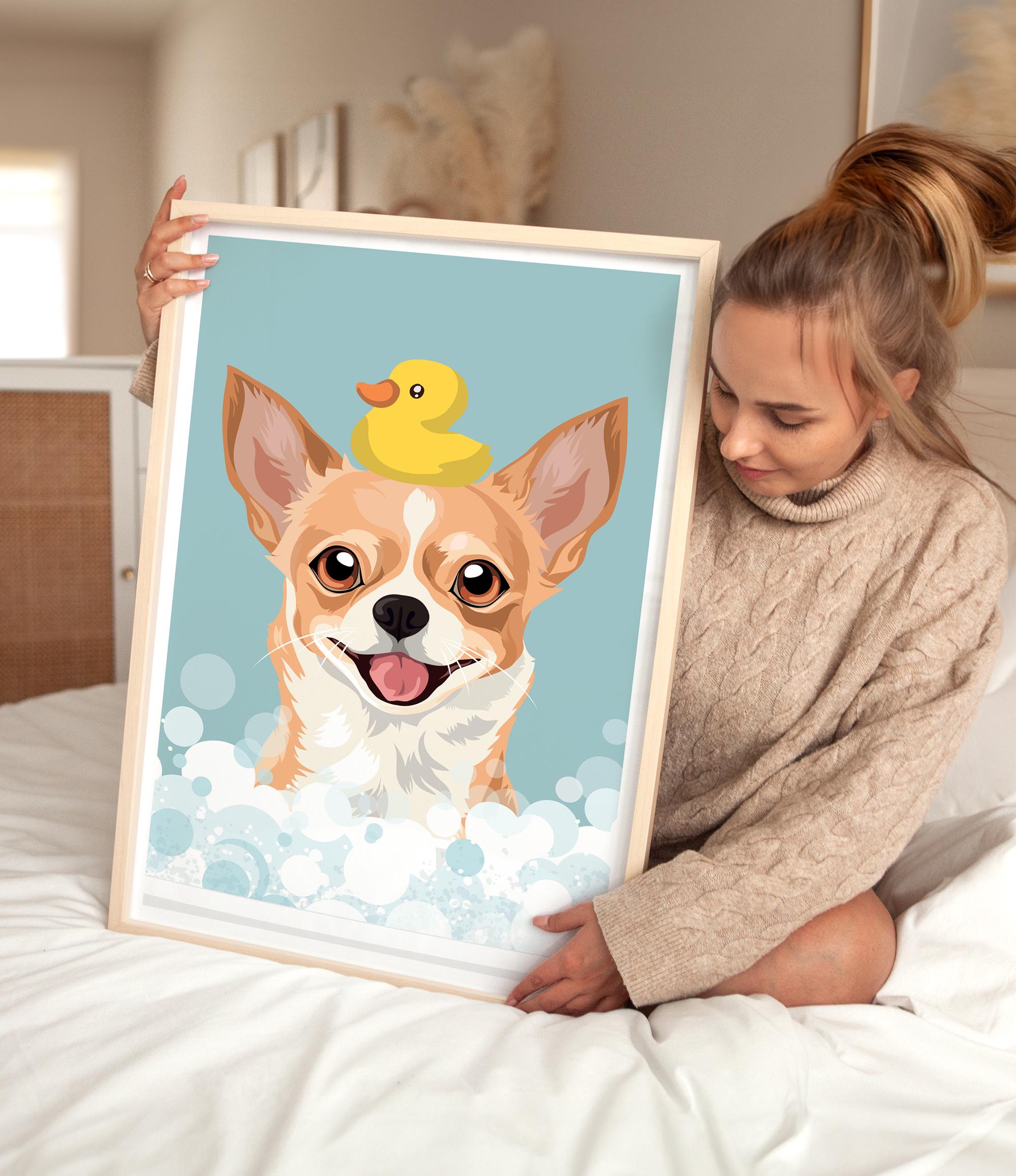 A woman is sitting on a bed holding a framed picture of a dog with a yellow rubber duck on its head.