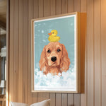 A framed illustration of a dog with a yellow rubber duck on its head, set against a blue background with white bubbles.
