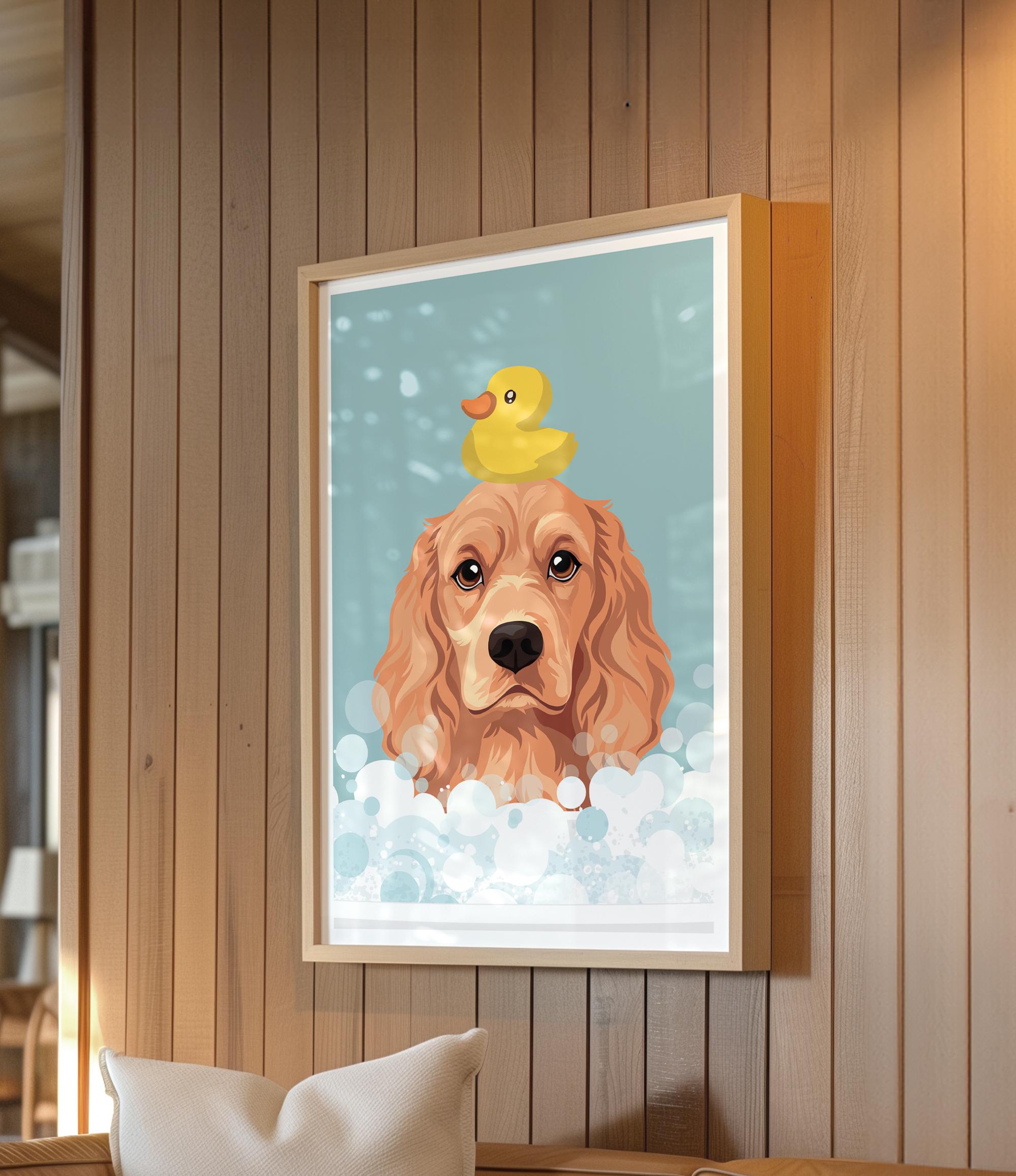 A framed illustration of a dog with a yellow rubber duck on its head, set against a blue background with white bubbles.