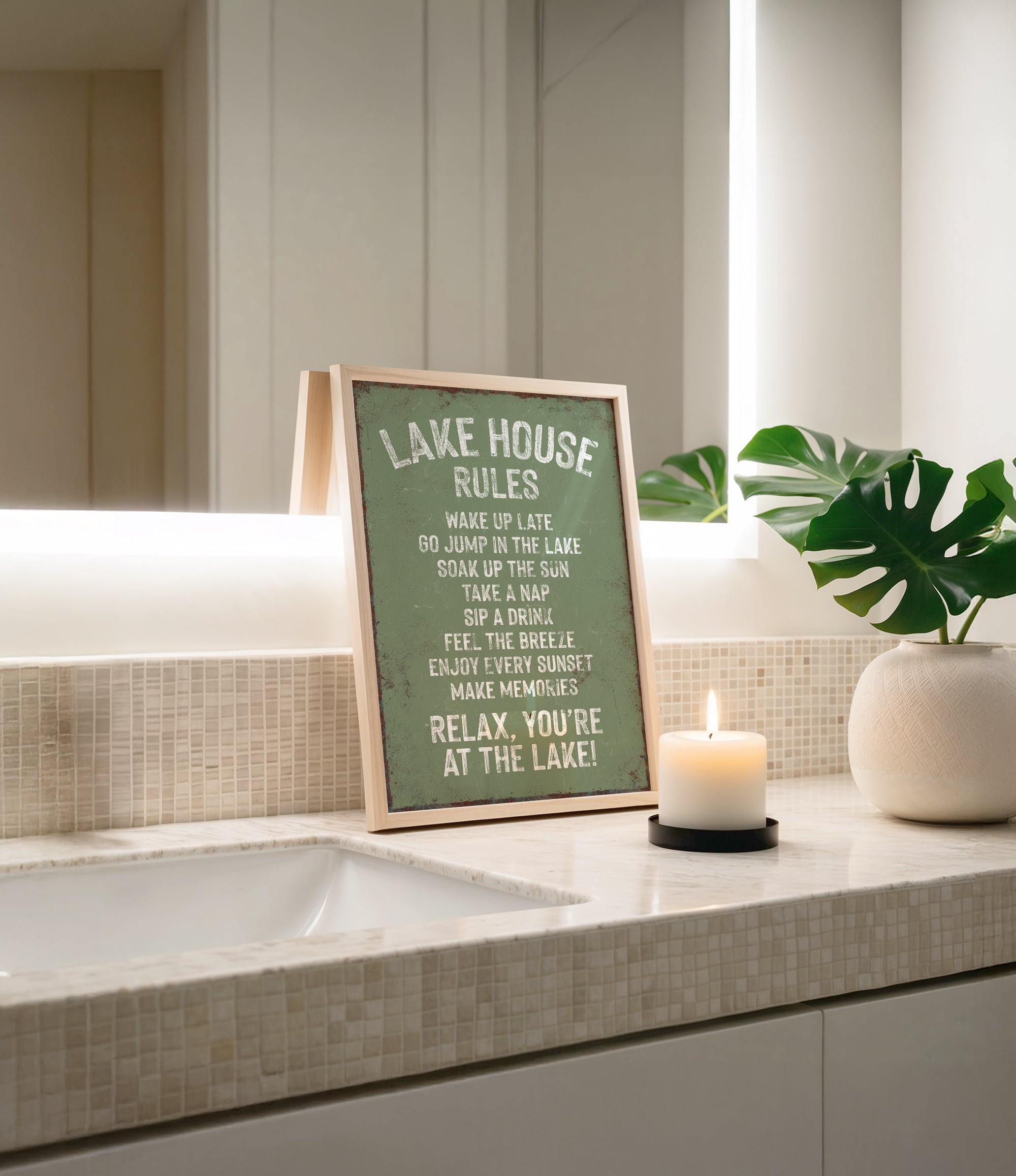 A framed sign on a bathroom counter displaying "Lake House Rules" and a lit candle, with a potted plant and a sink in the background.
