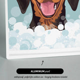 The image is an illustration of a dog's face with bubbles surrounding it, and it is an "ALUMINUM print" that is waterproof and perfect for outdoor use, as well as including hanging hardware.
