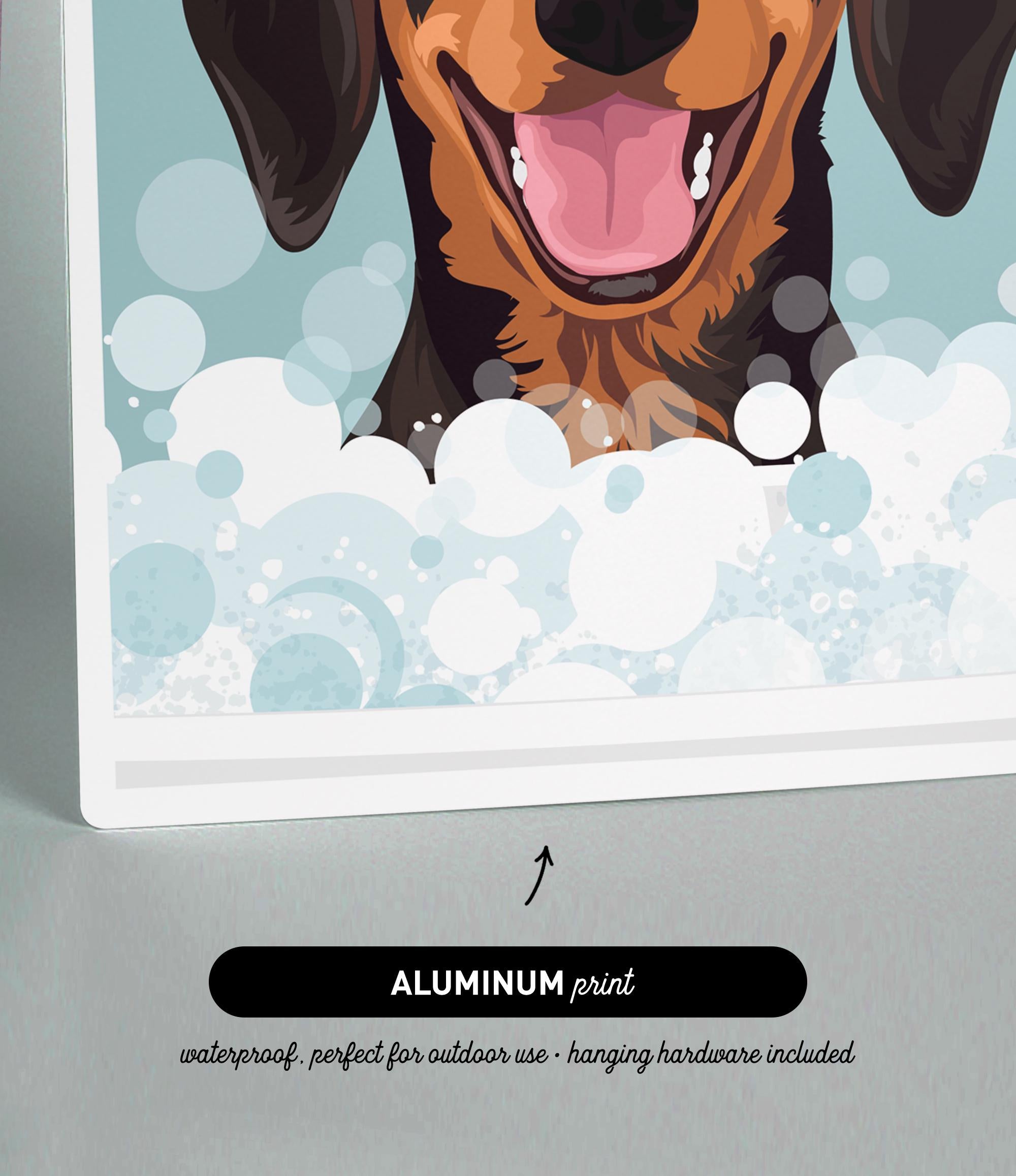 The image is an illustration of a dog's face with bubbles surrounding it, and it is an "ALUMINUM print" that is waterproof and perfect for outdoor use, as well as including hanging hardware.