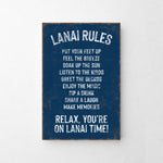 a blue sign that says lanai rules on it