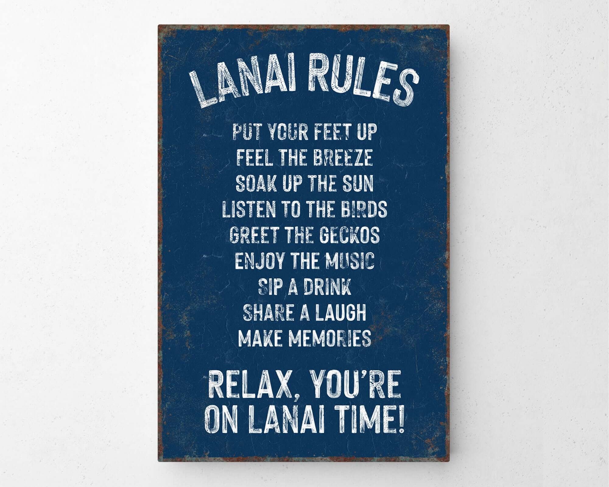 a blue sign that says lanai rules on it