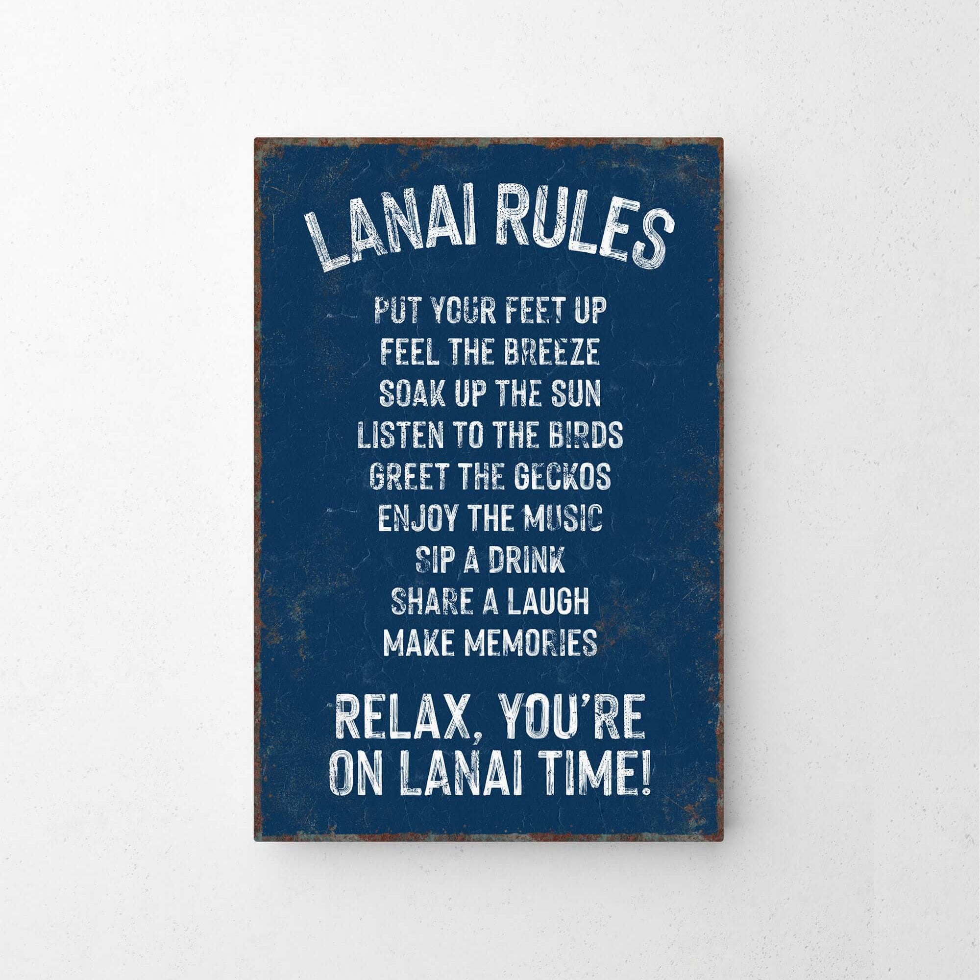 a blue sign that says lanai rules on it