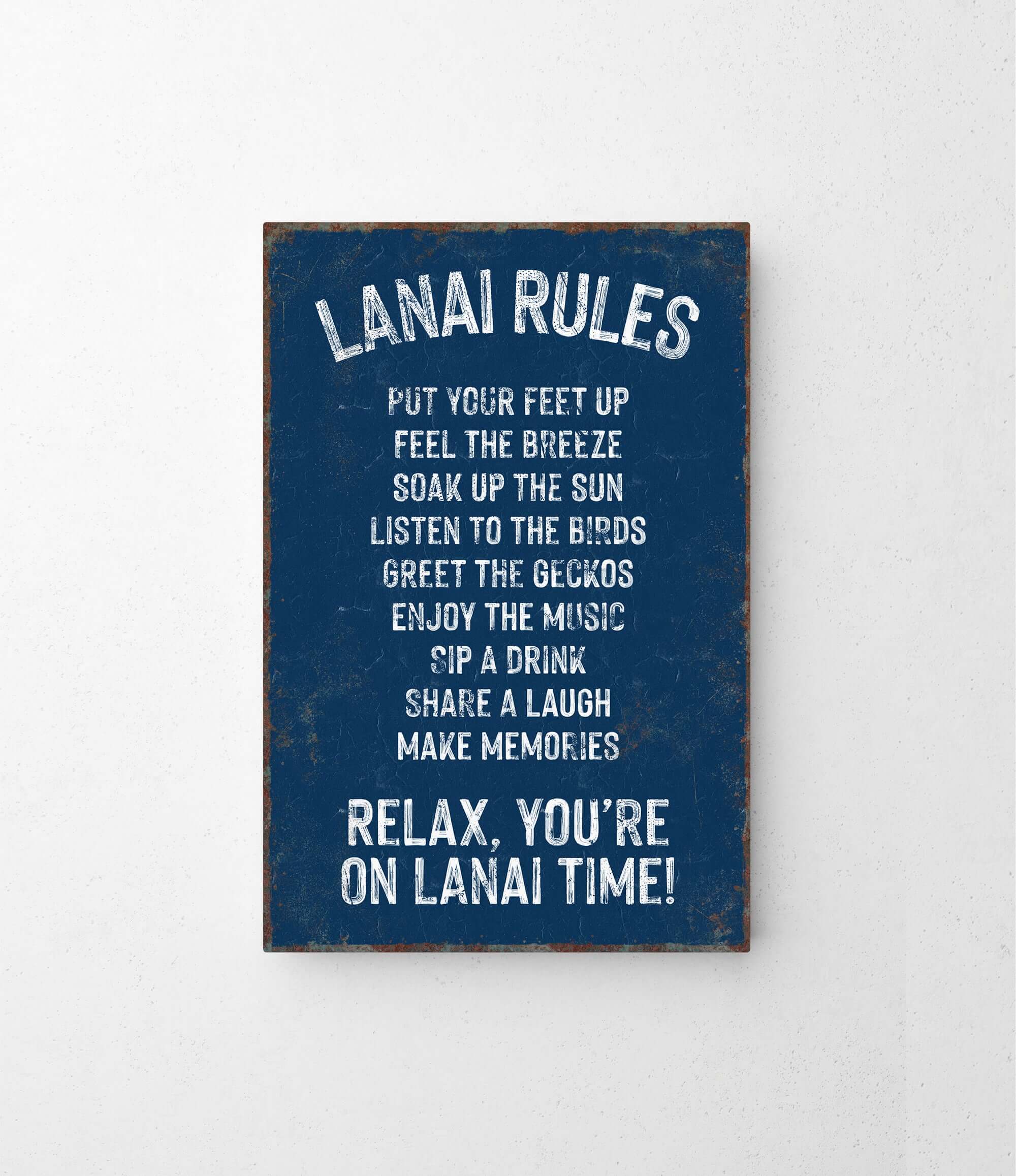 a blue sign that says lanai rules on it