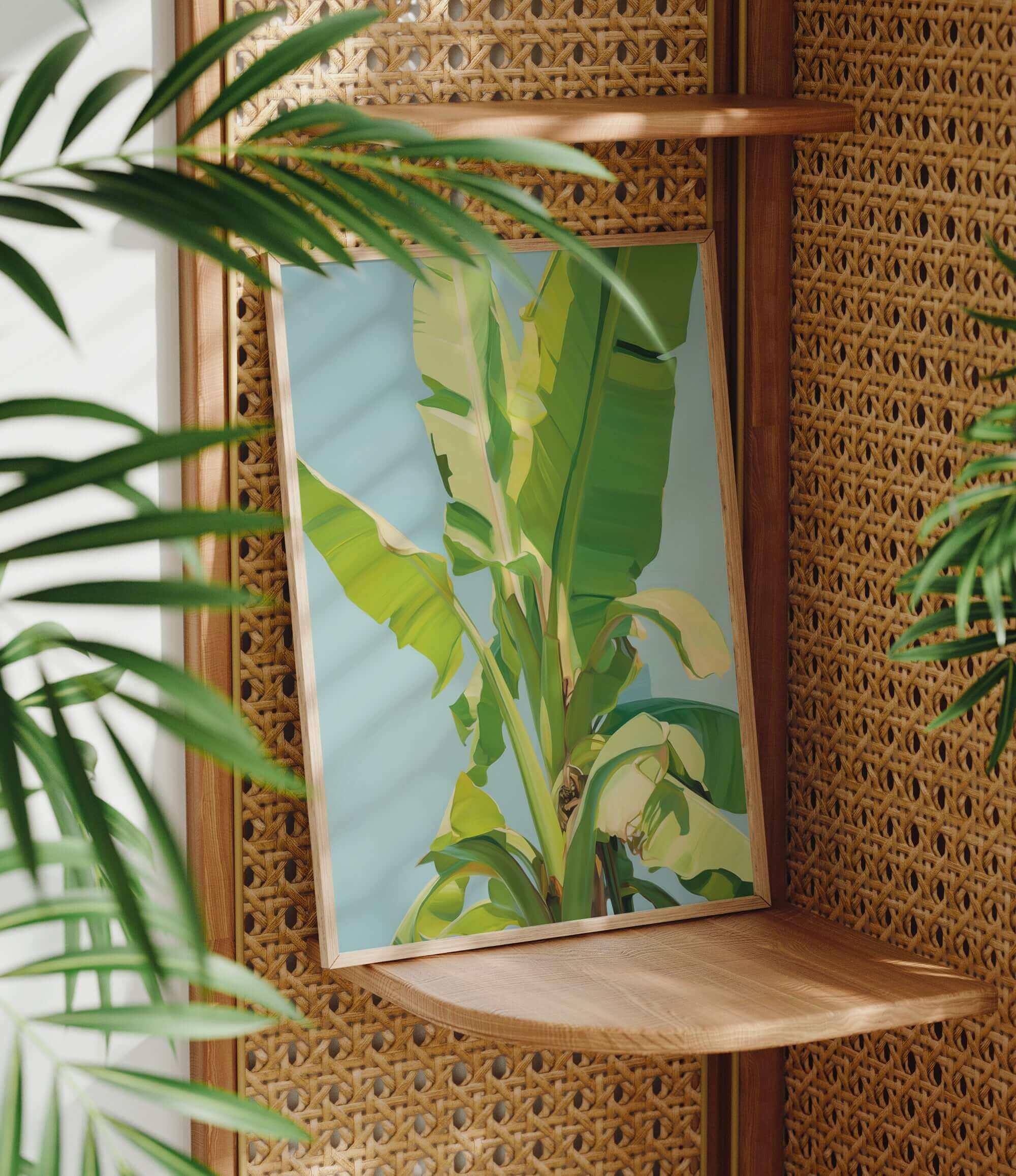 a framed painting of a banana tree on a wooden shelf, surrounded by lush green plants.