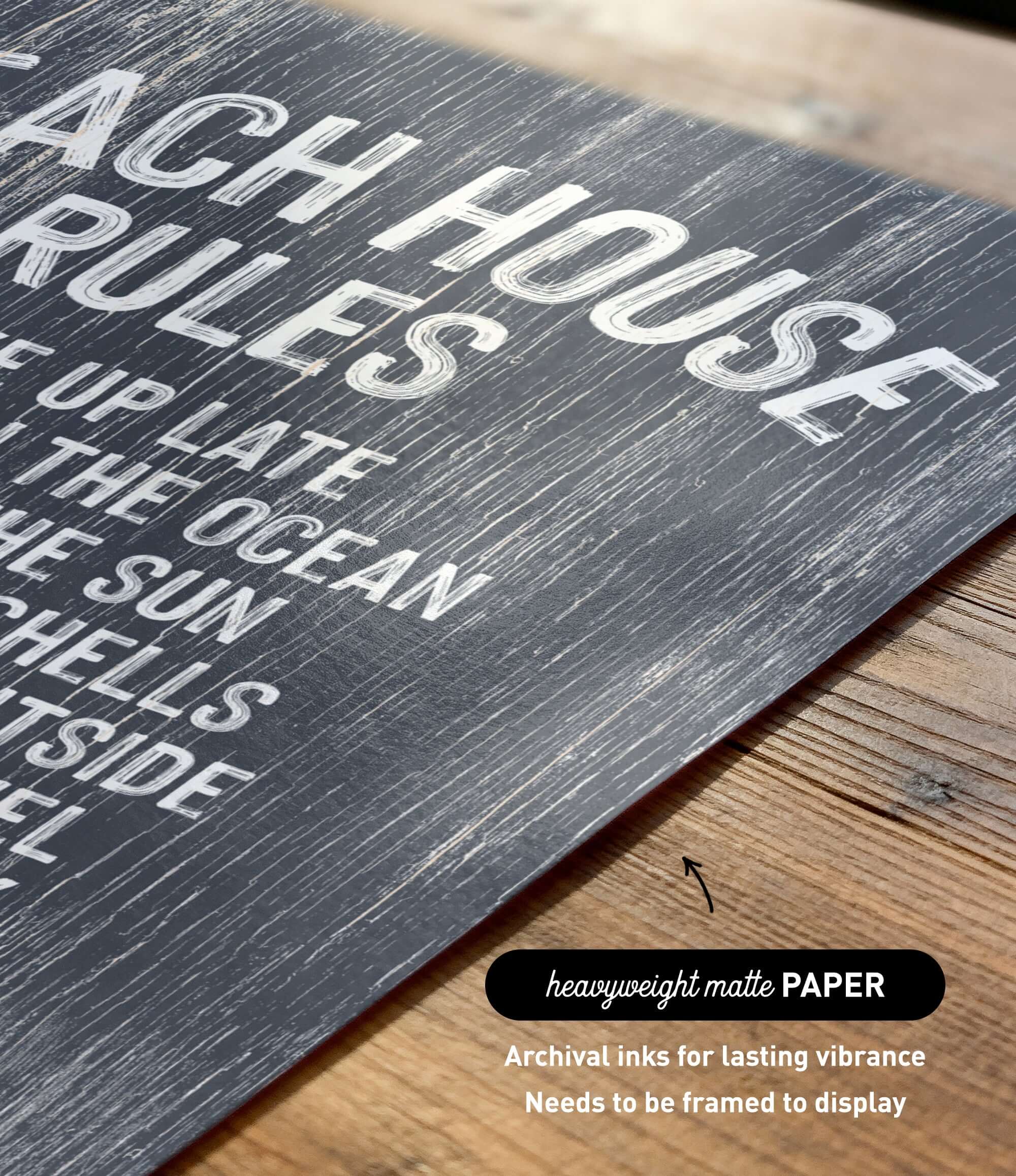 The image is a close-up of a textured surface with the words "Each house rules" printed on it.