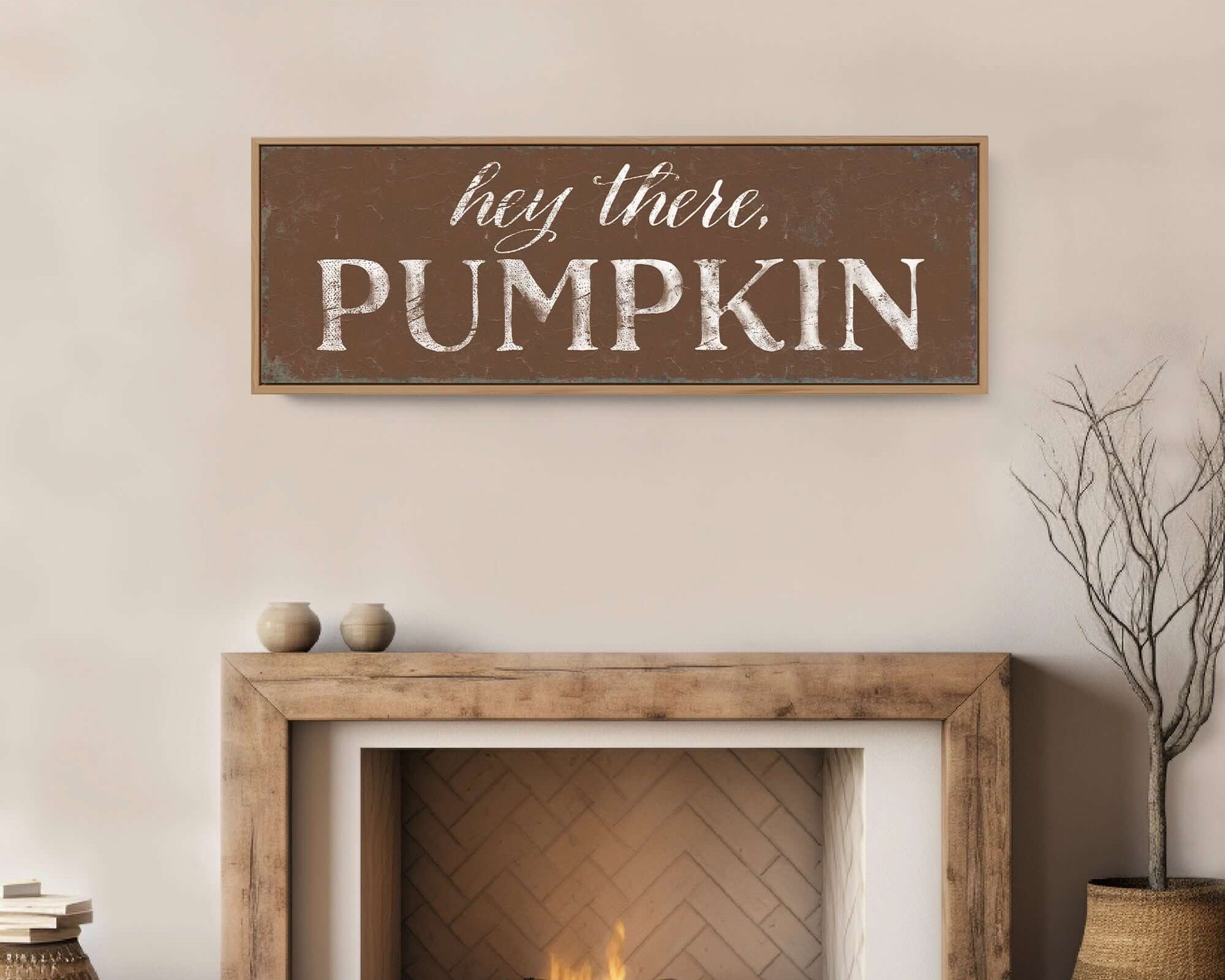 a fireplace with a wooden sign above it