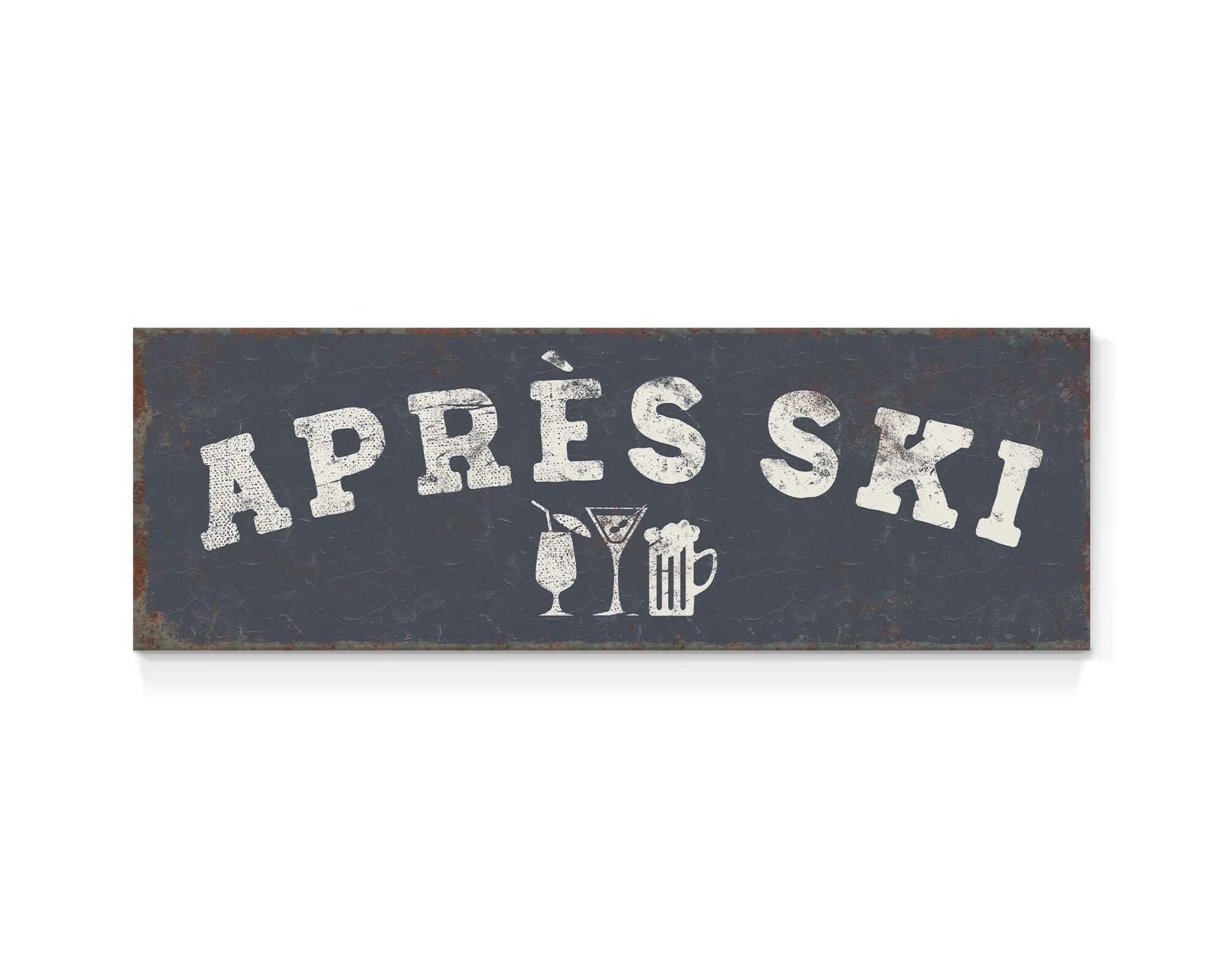A sign with the text "APRÈS SKI" in a distressed font, along with icons of a beer mug and a martini glass, suggesting a connection to skiing and leisure activities.