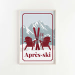 A framed print depicting two red Adirondack chairs with skis in the background, set against a snowy mountain landscape.