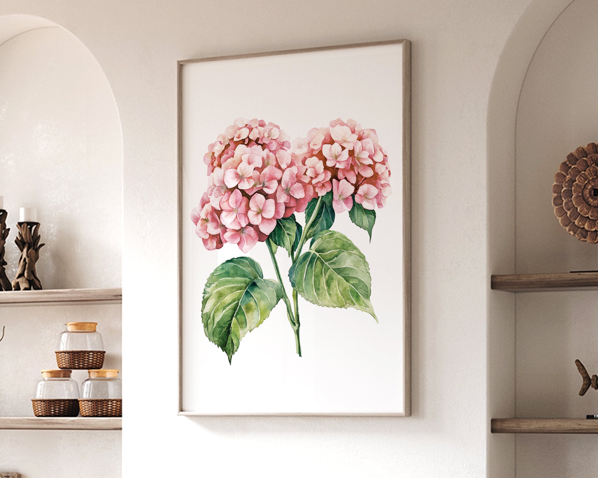 a framed painting of pink hydrangeas hanging on a wall in a living room.