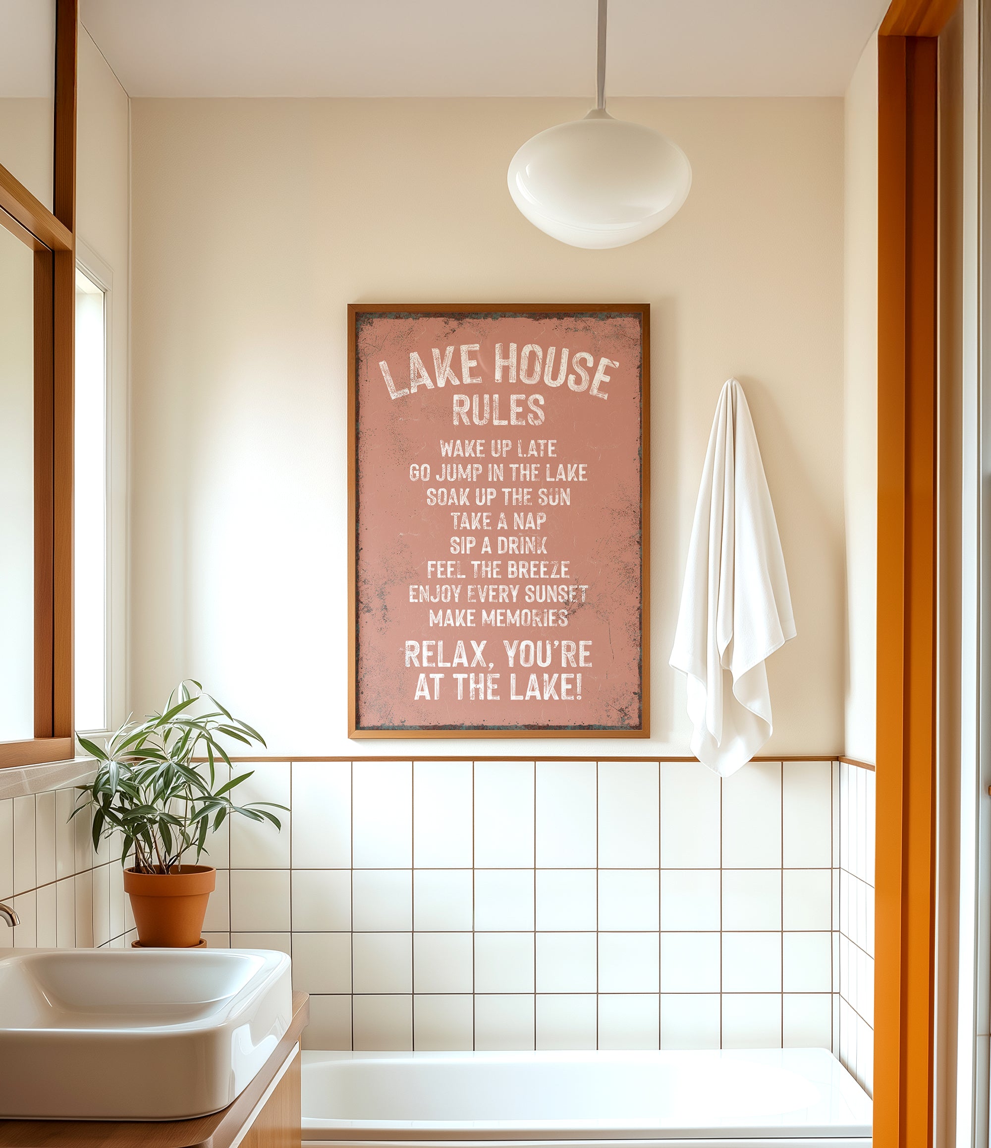 a bathroom with a framed sign that reads "LAKESHOUSE RULES" above a white sink. The sign provides a list of rules for guests to follow while staying at the lake house.
