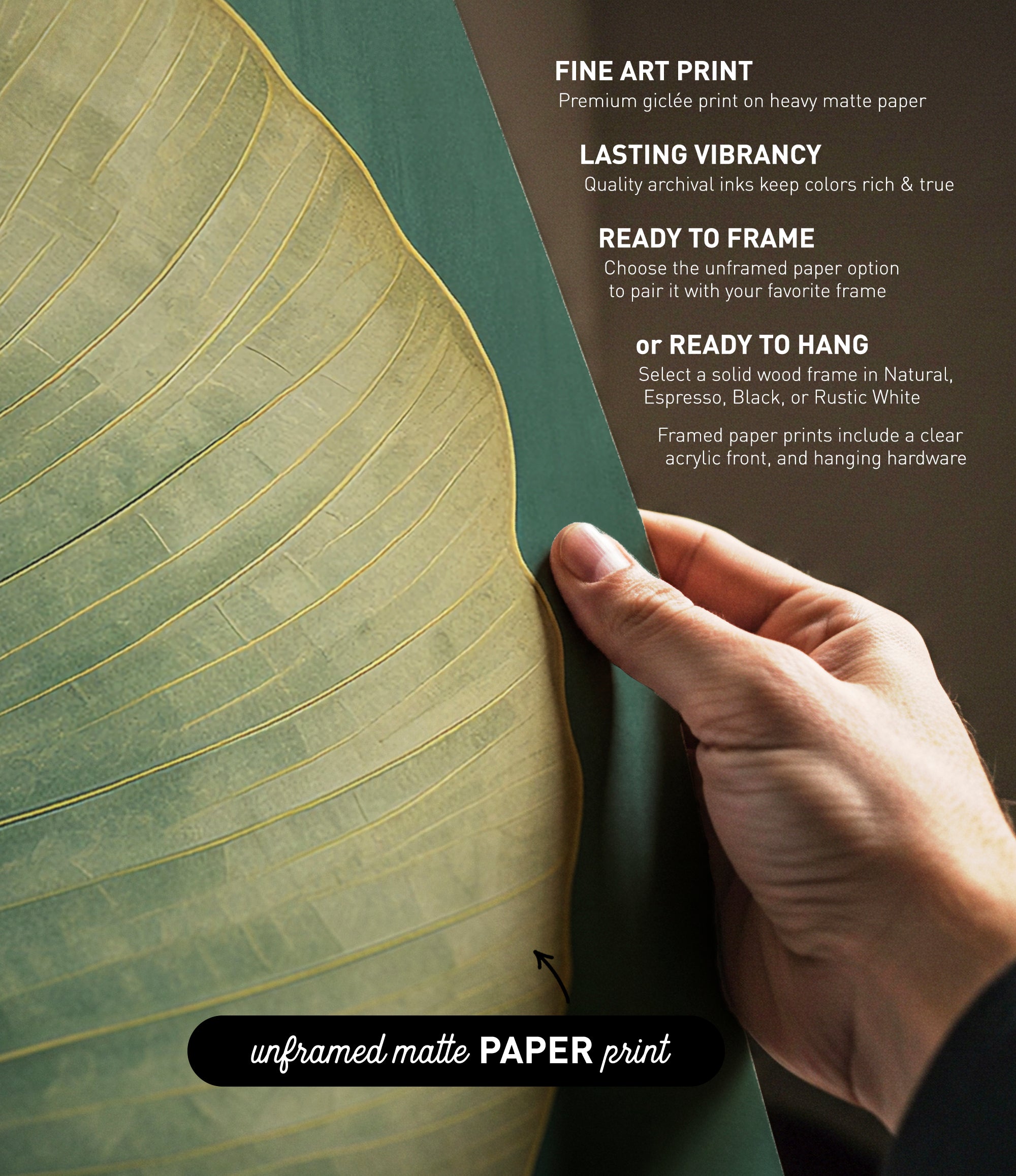 a hand holding a piece of paper with text and a leaf-like design on it.