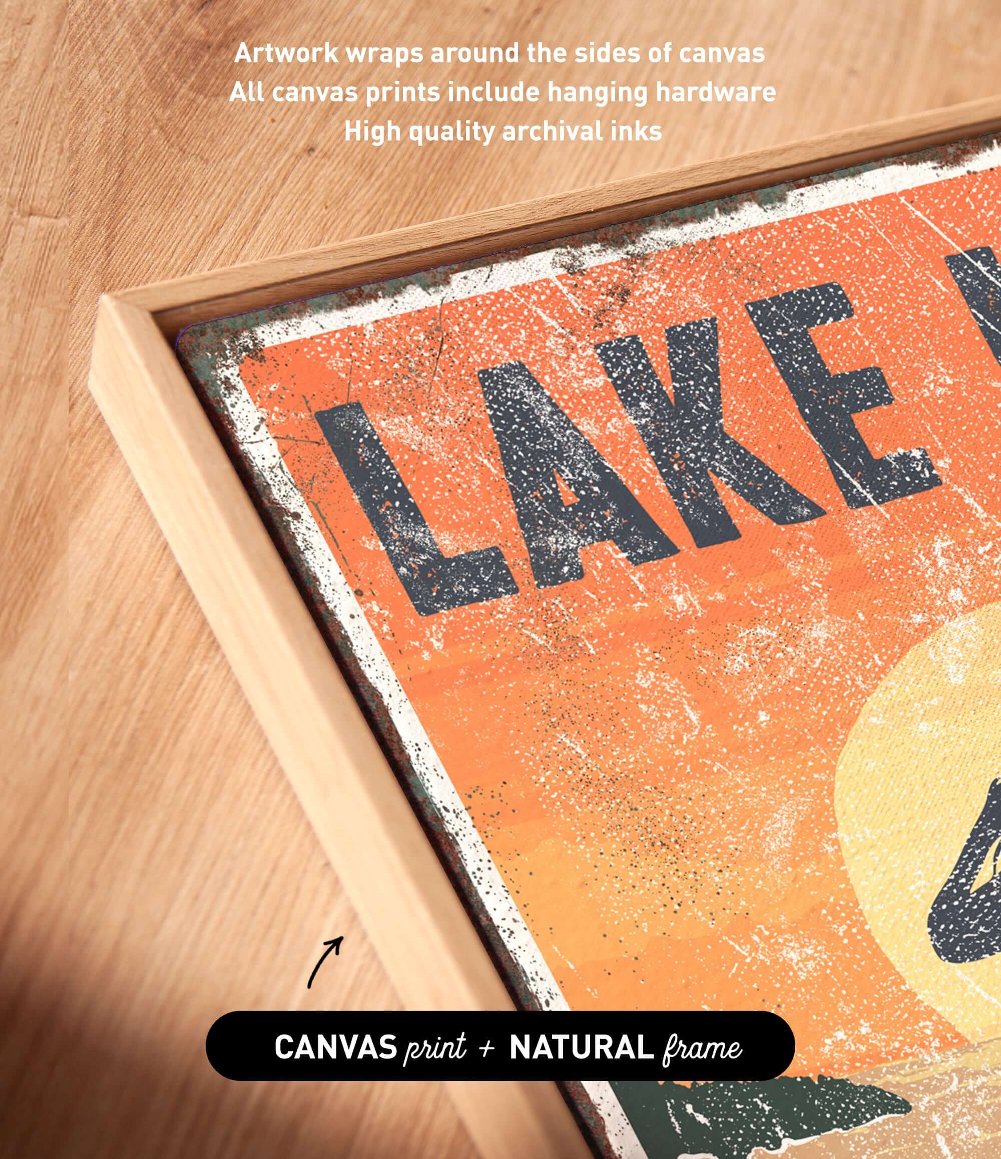 a picture of a lake sign on a wooden frame