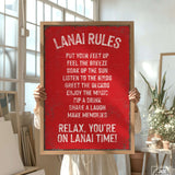 a woman holding a sign that says lanai rules