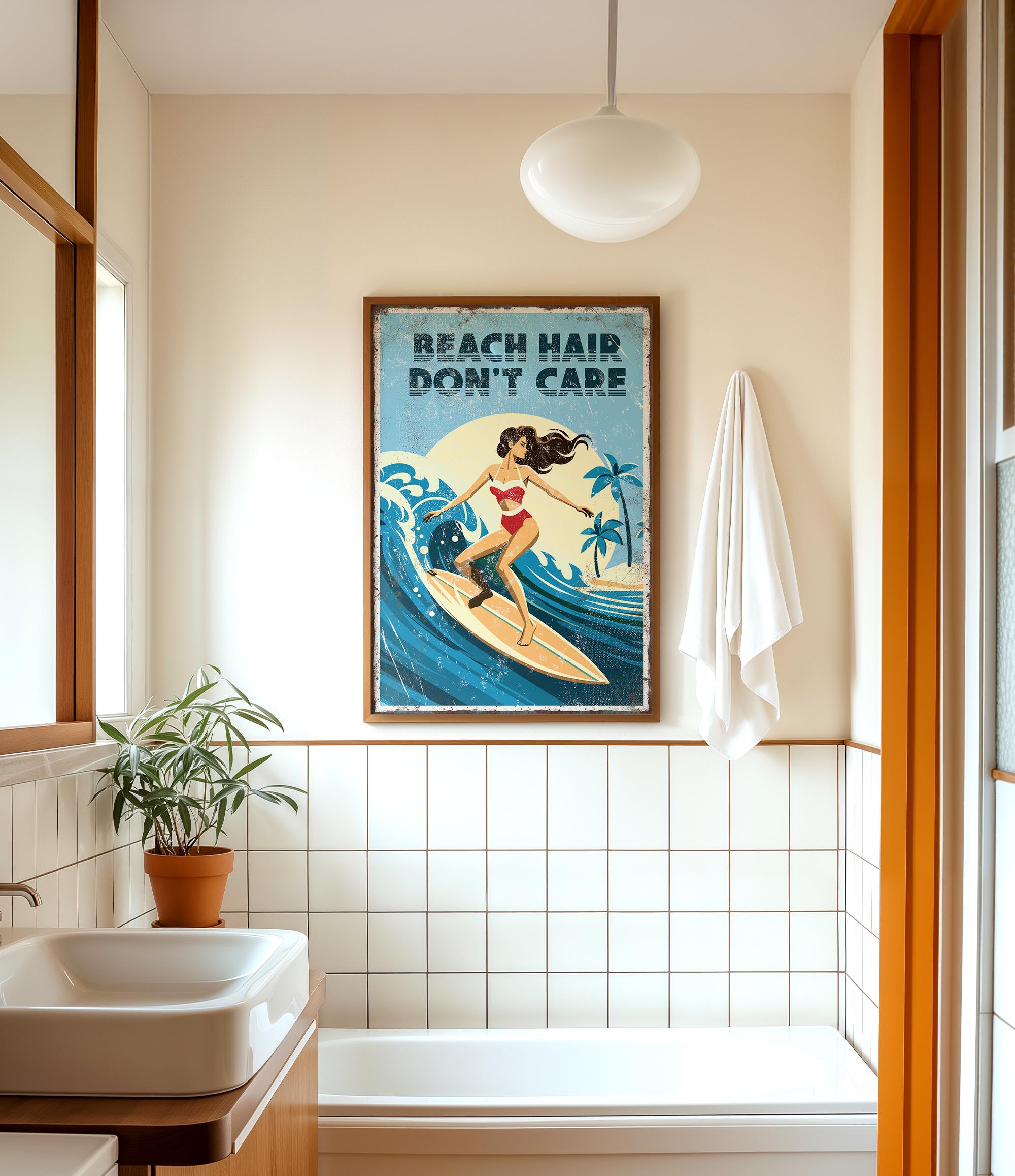 a bathroom with a framed poster of a woman surfing, a towel hanging on the wall, and a potted plant on the floor.
