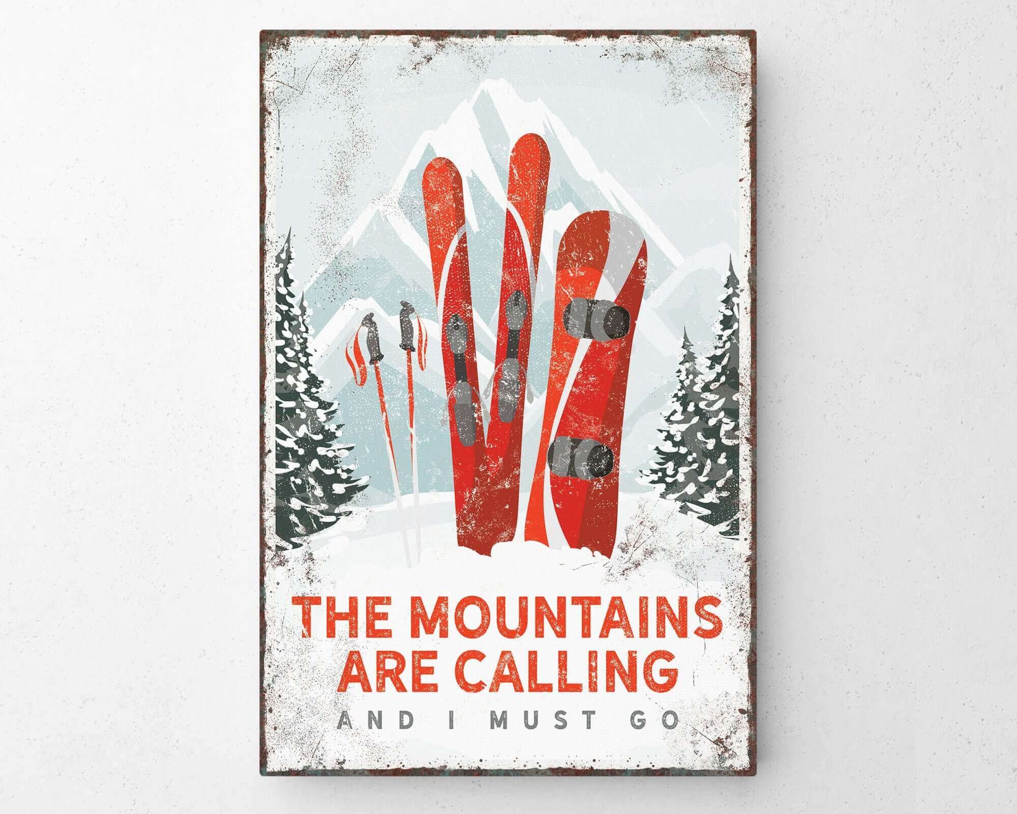 a picture of a red pair of skis hanging on a wall
