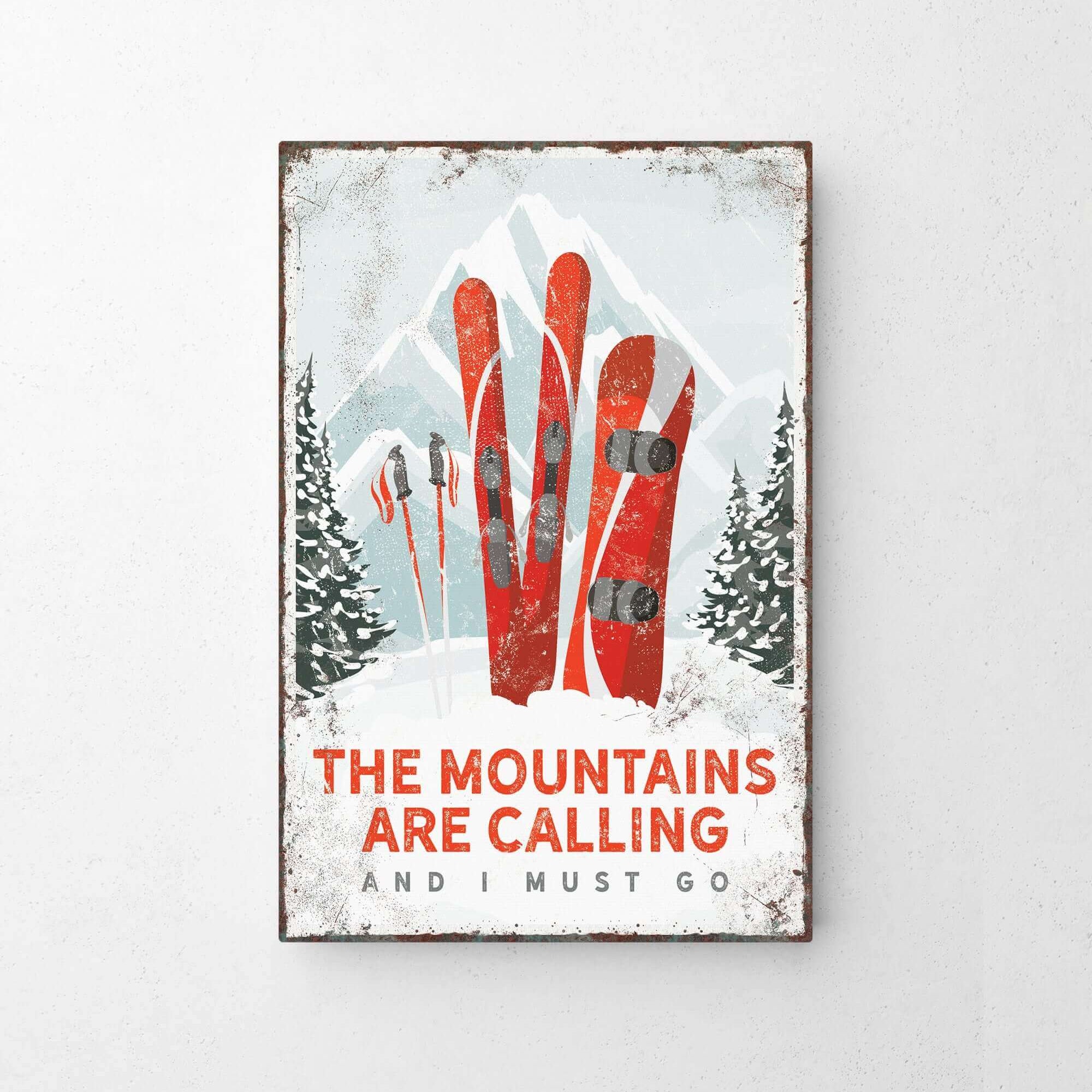 a picture of a red pair of skis hanging on a wall