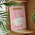 A pink sign with a dog sitting in a bathtub, surrounded by green leaves, and a message encouraging people to wash their dogs.