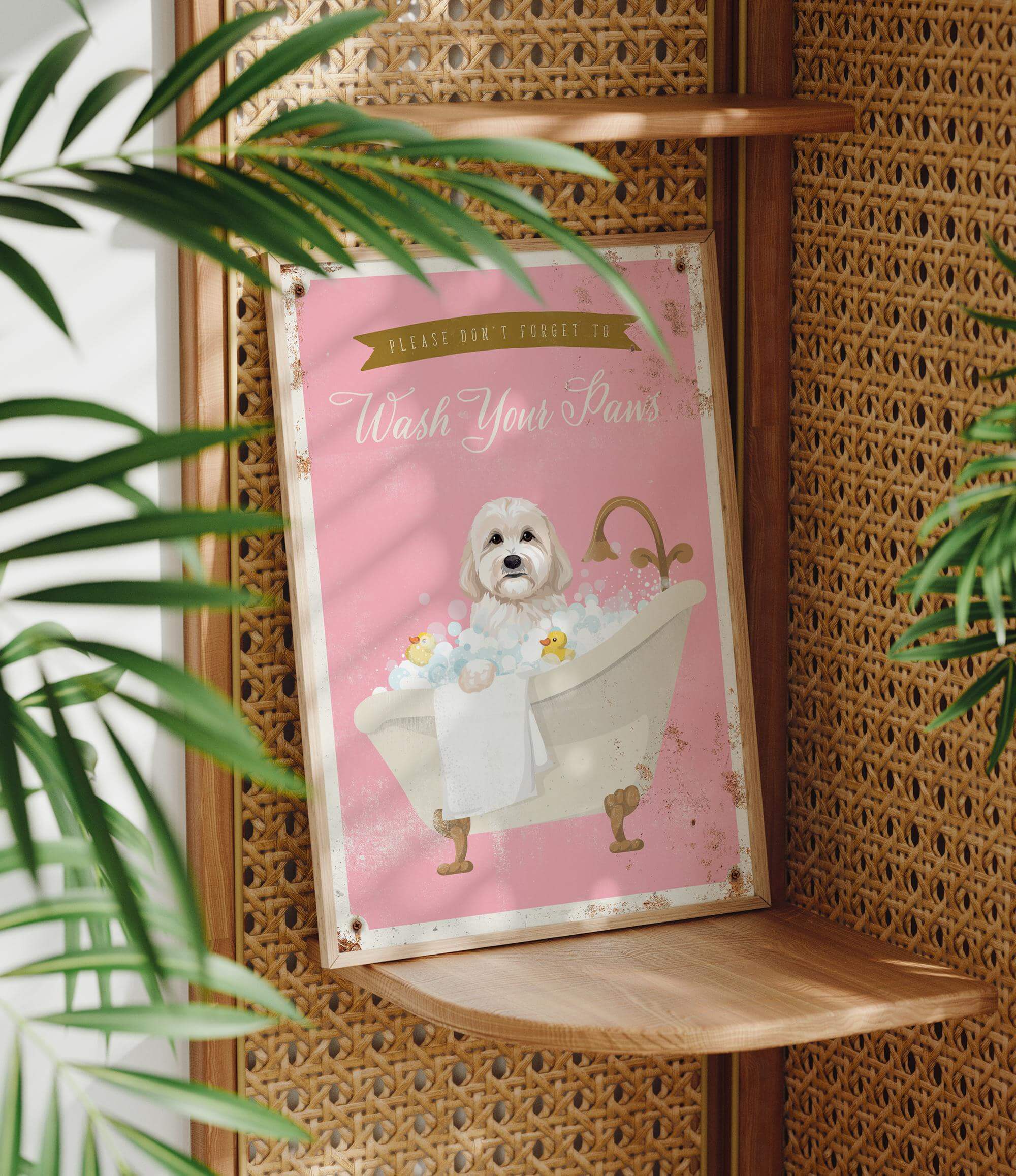 A pink sign with a dog sitting in a bathtub, surrounded by green leaves, and a message encouraging people to wash their dogs.