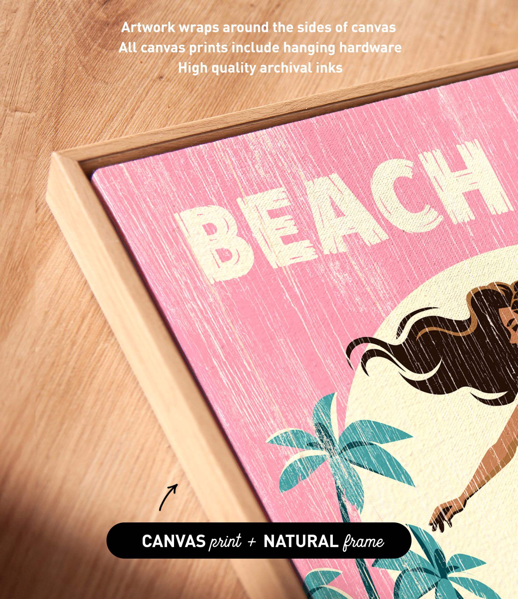 a vibrant, colorful artwork with the word "BEACH" prominently displayed in the center. The artwork is framed in a natural frame, and the text indicates that it is a canvas print.