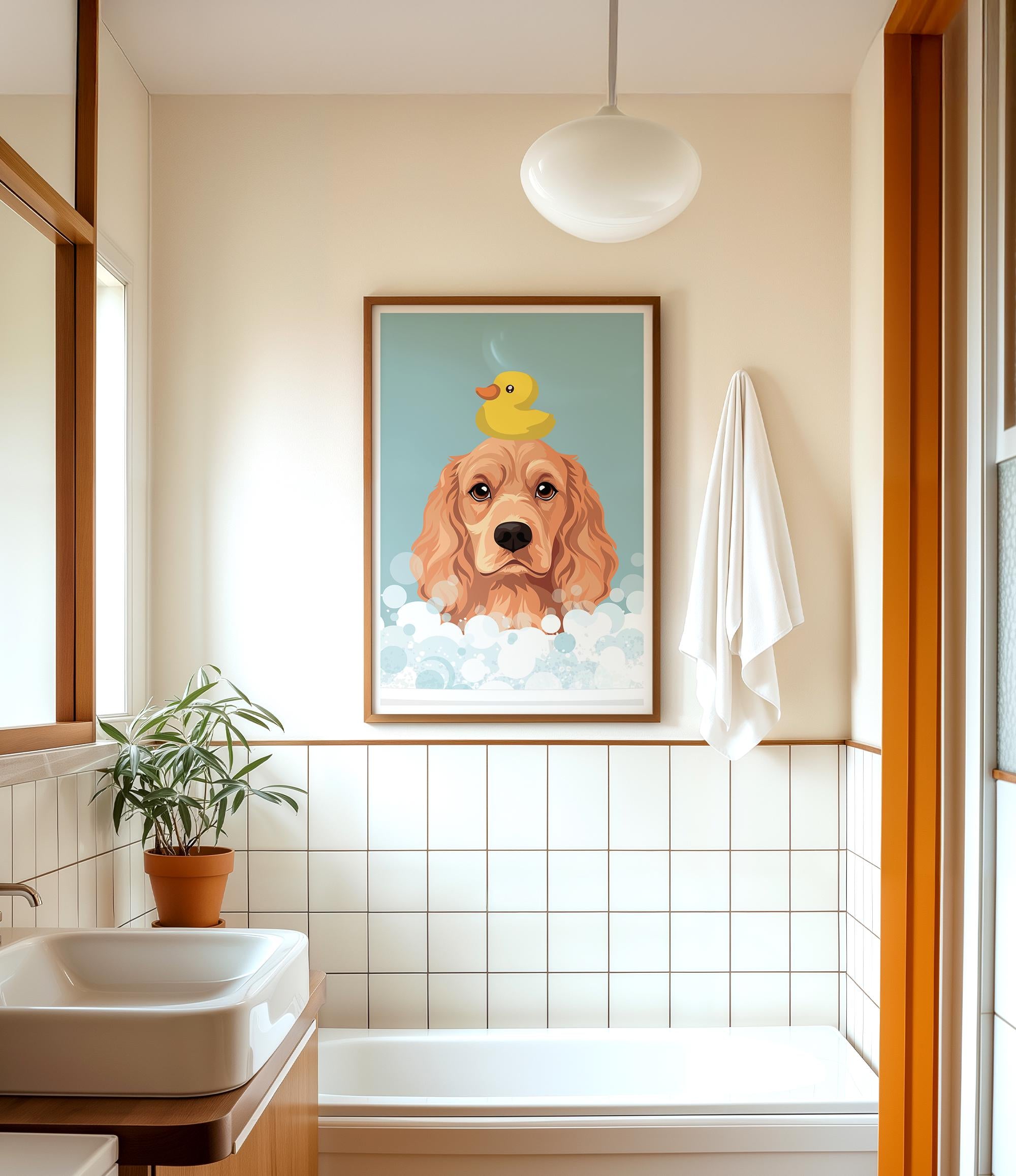 a bathroom with a framed illustration of a dog in a bathtub, featuring a yellow rubber duck. The bathroom has white tiles and a potted plant on the windowsill.
