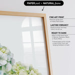 a framed print with a natural frame, showcasing a watercolor painting of green hydrangeas.